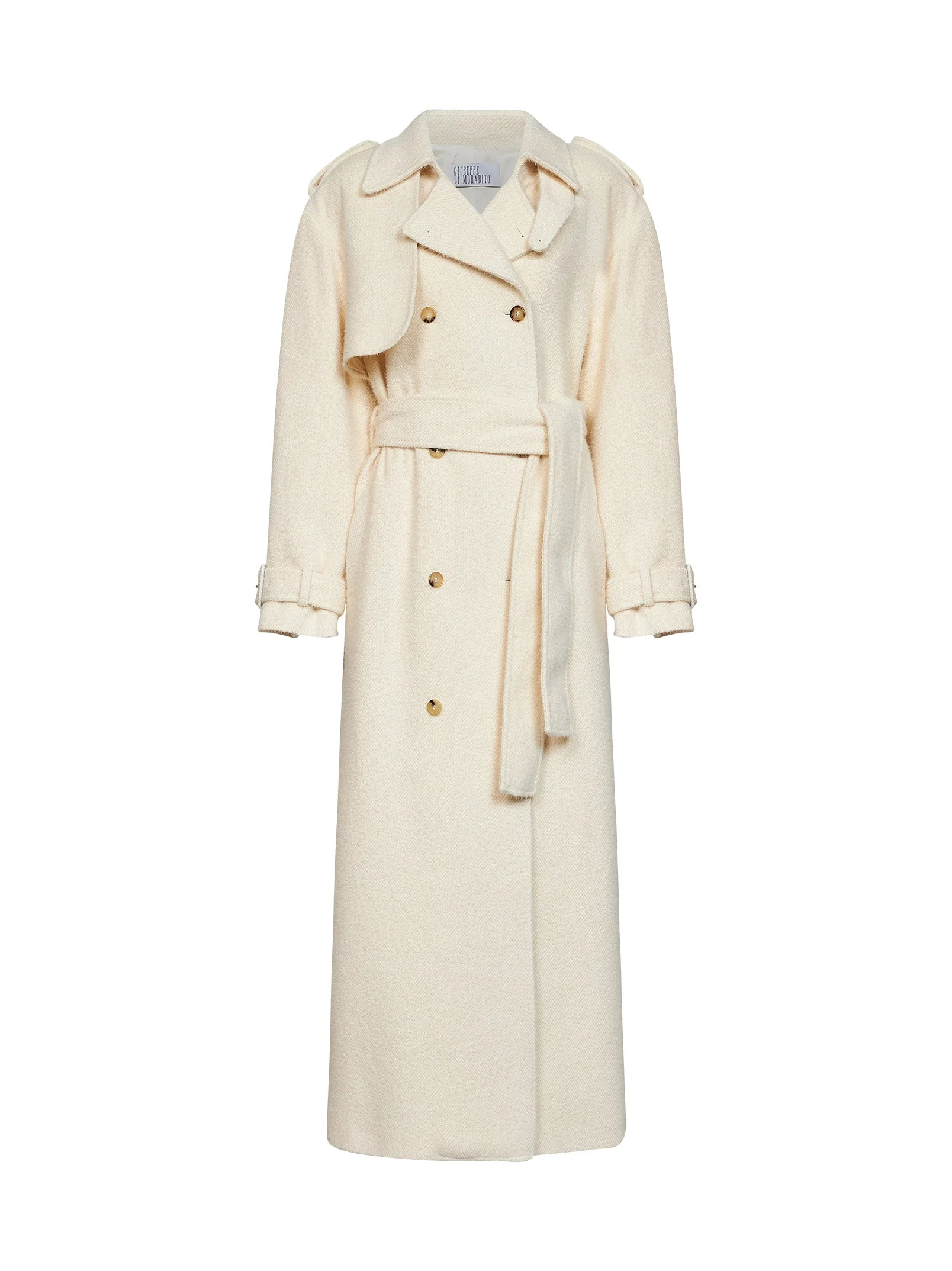 Milk bouclé long double-breasted belted trench coat - 1