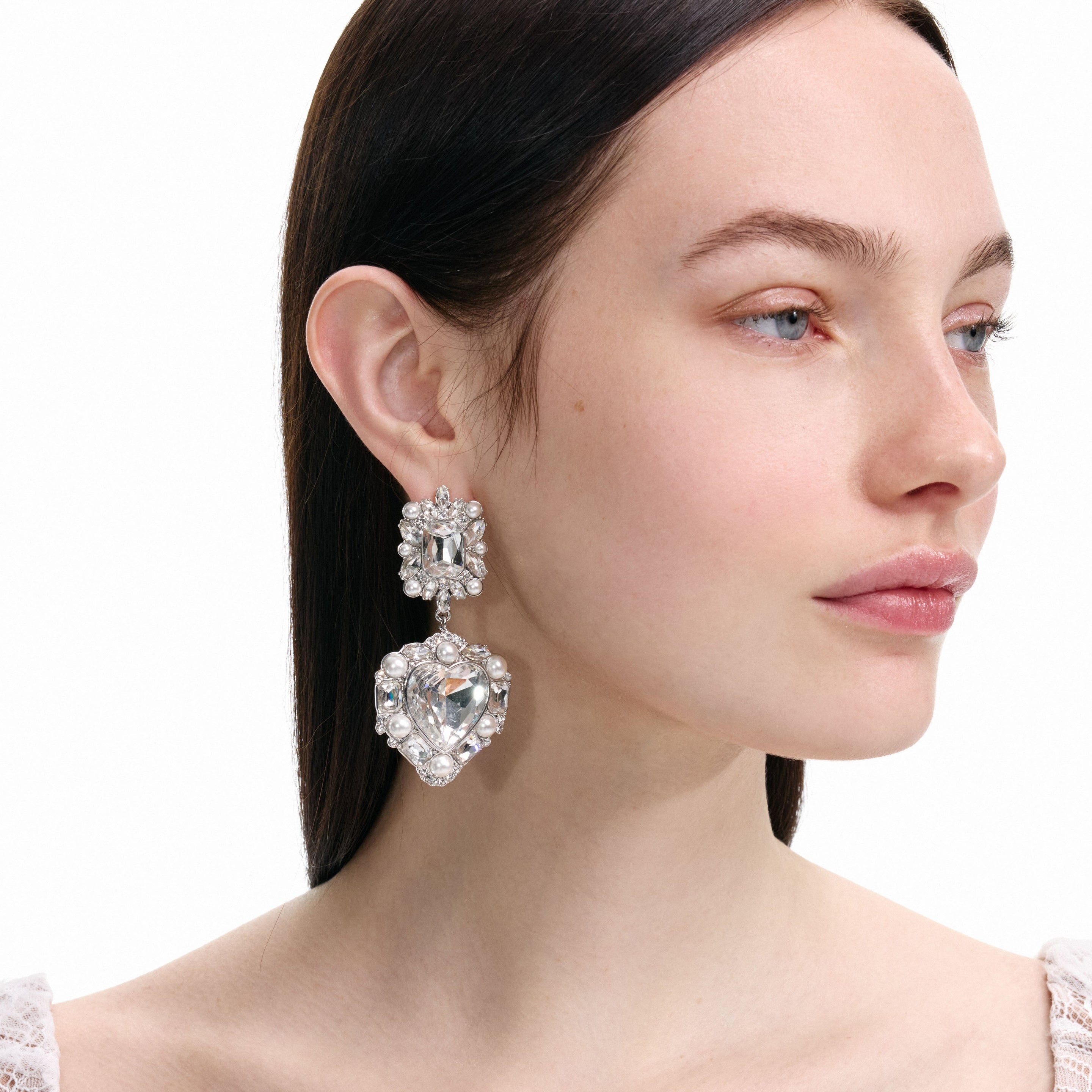 self-portrait Crystal Pearl Tiered Heart Earrings | REVERSIBLE