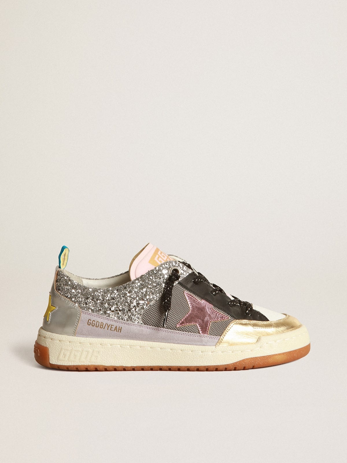 Golden Goose Yeah! sneakers in silver mesh with a pink star | REVERSIBLE