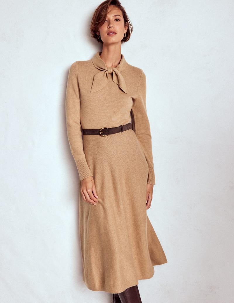 Knitted Bow Dress-Camel Melange 3