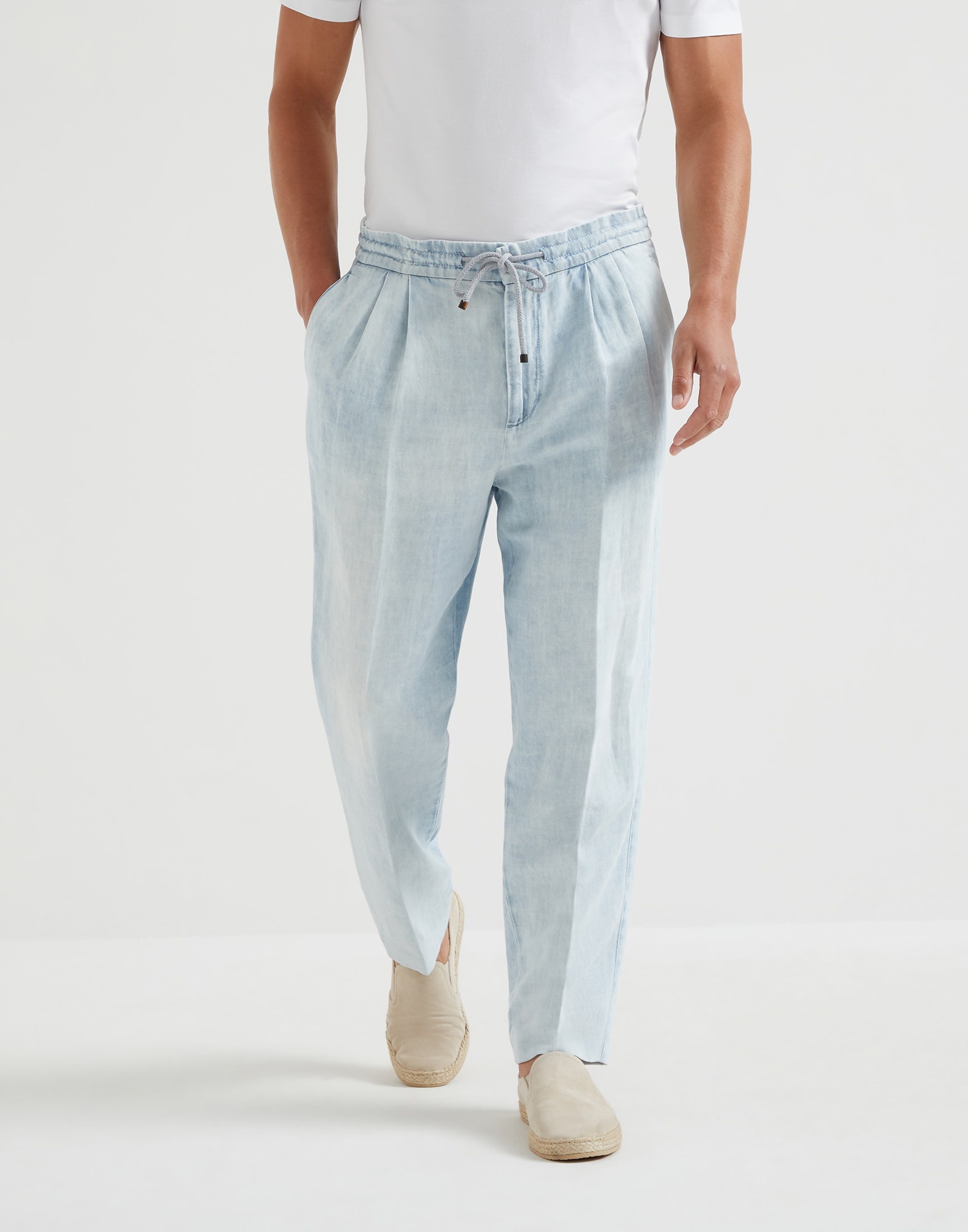 Cotton and linen denim leisure fit trousers with drawstring and double pleats - 1