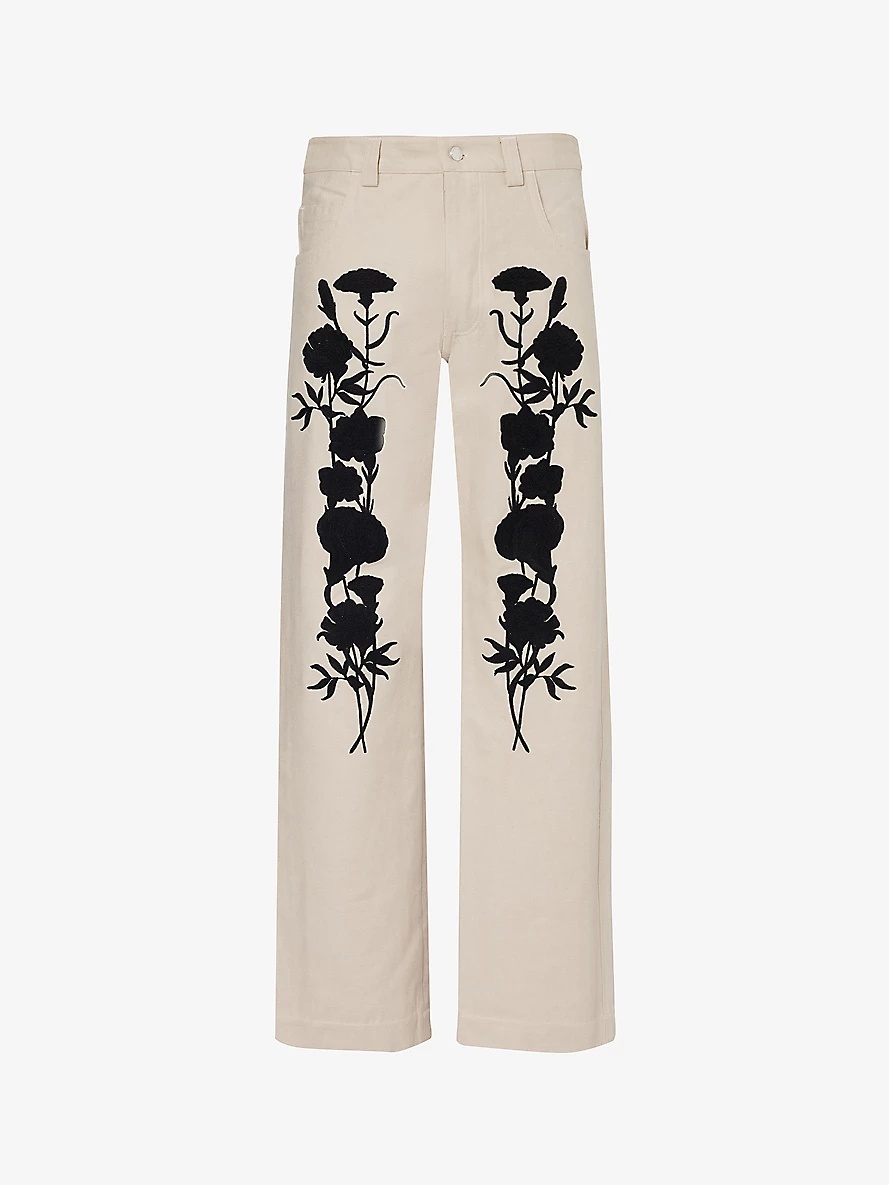 Floral-embroidered relaxed-fit cotton-twill trousers - 1