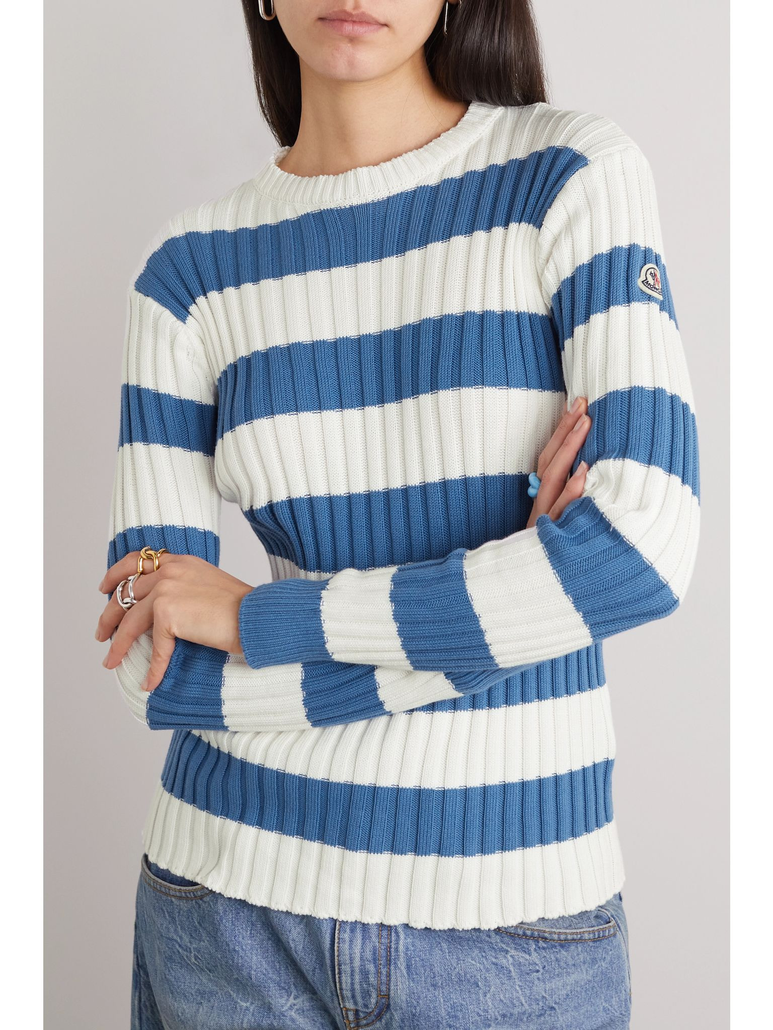 Shell-trimmed striped ribbed cotton hoodie Blue - 3