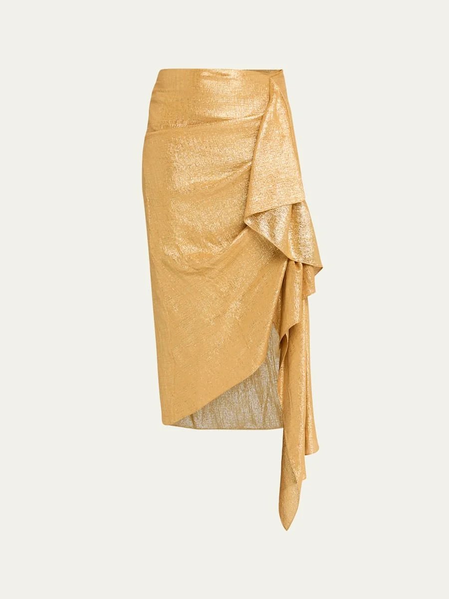 Draped Metallic Lame Midi Skirt - 1