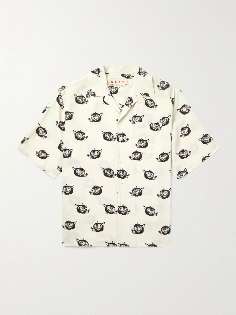 Wolves Convertible-Collar 인쇄 새틴 트윌 셔츠 1
