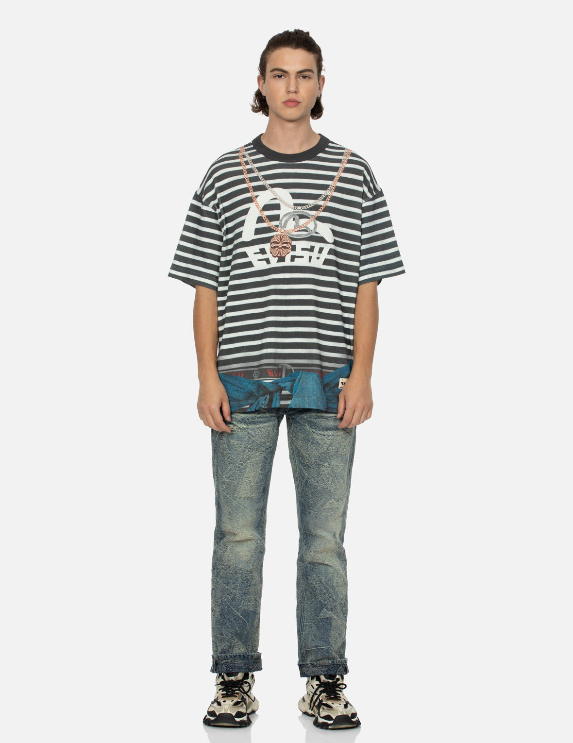 TROMPE-L'OEIL AND SEAGULL PRINT LOOSE FIT STRIPE T-SHIRT - 5
