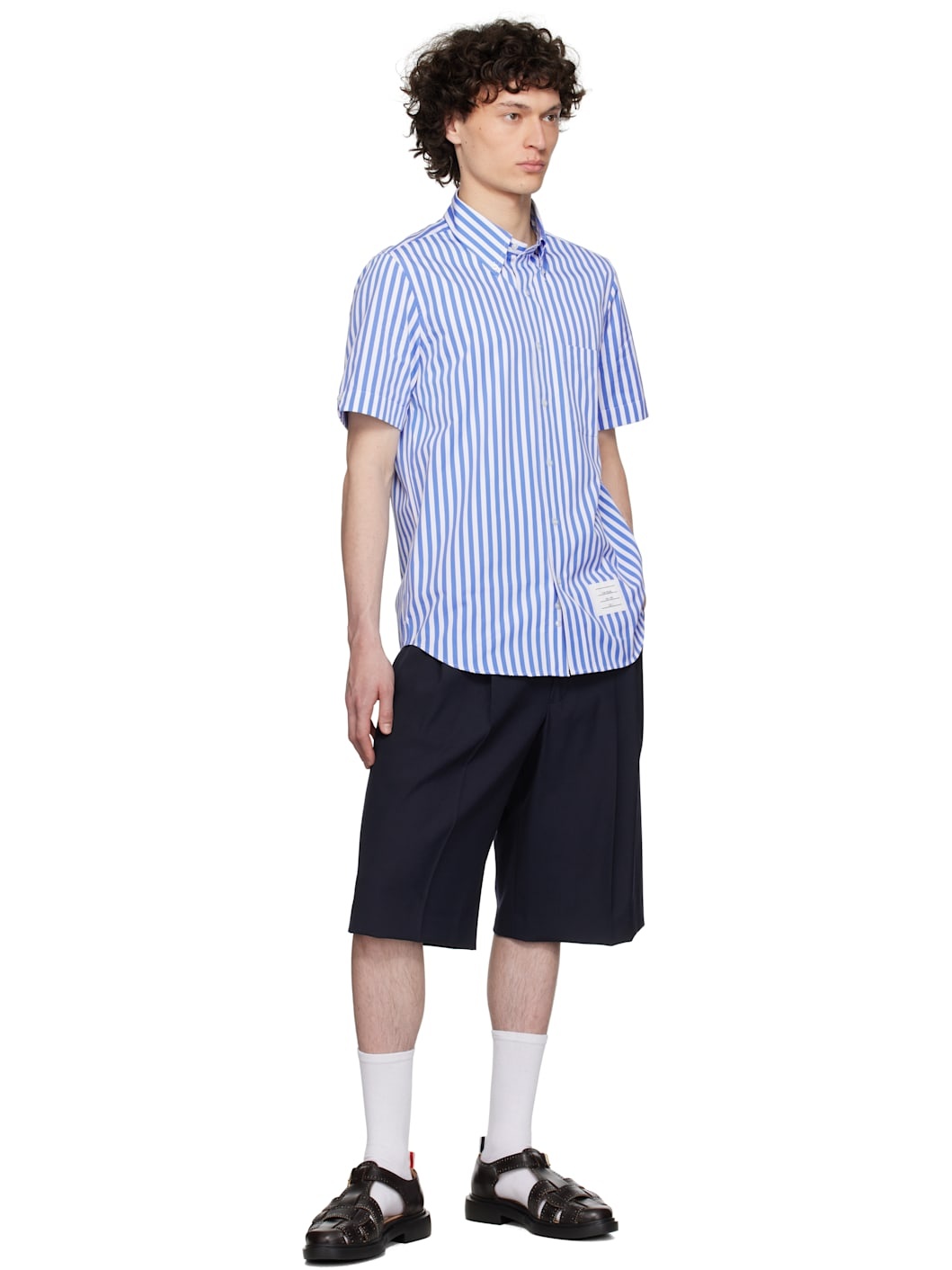 Navy & White Straight Fit Button Down Poplin Shirt - 4
