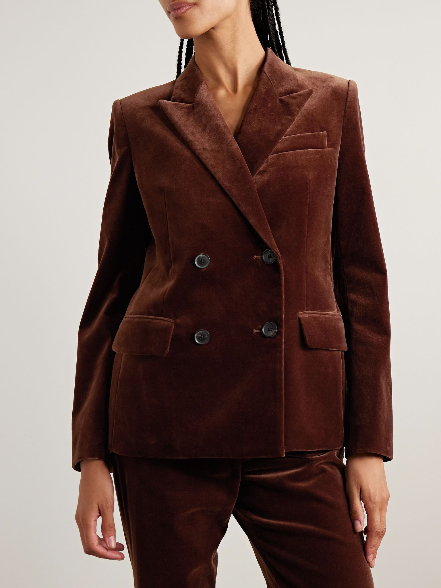 Veda double-breasted cotton-blend velvet blazer Brown - 3