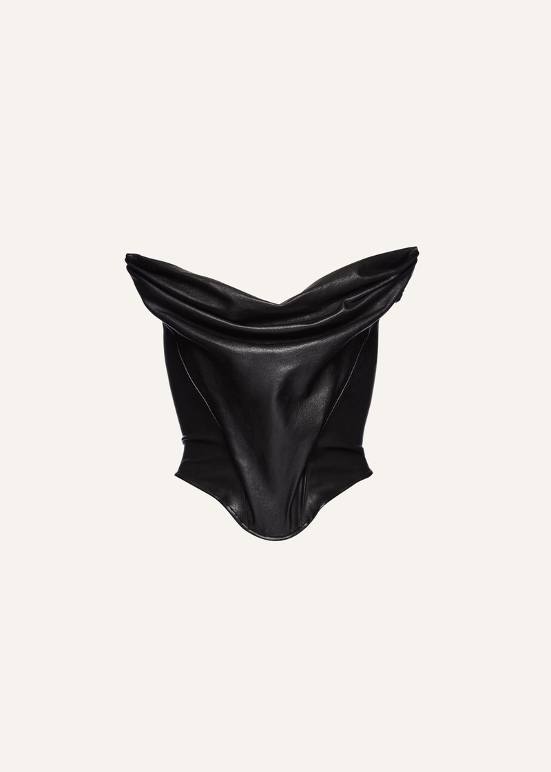 Draped strapless leather corset in black 1