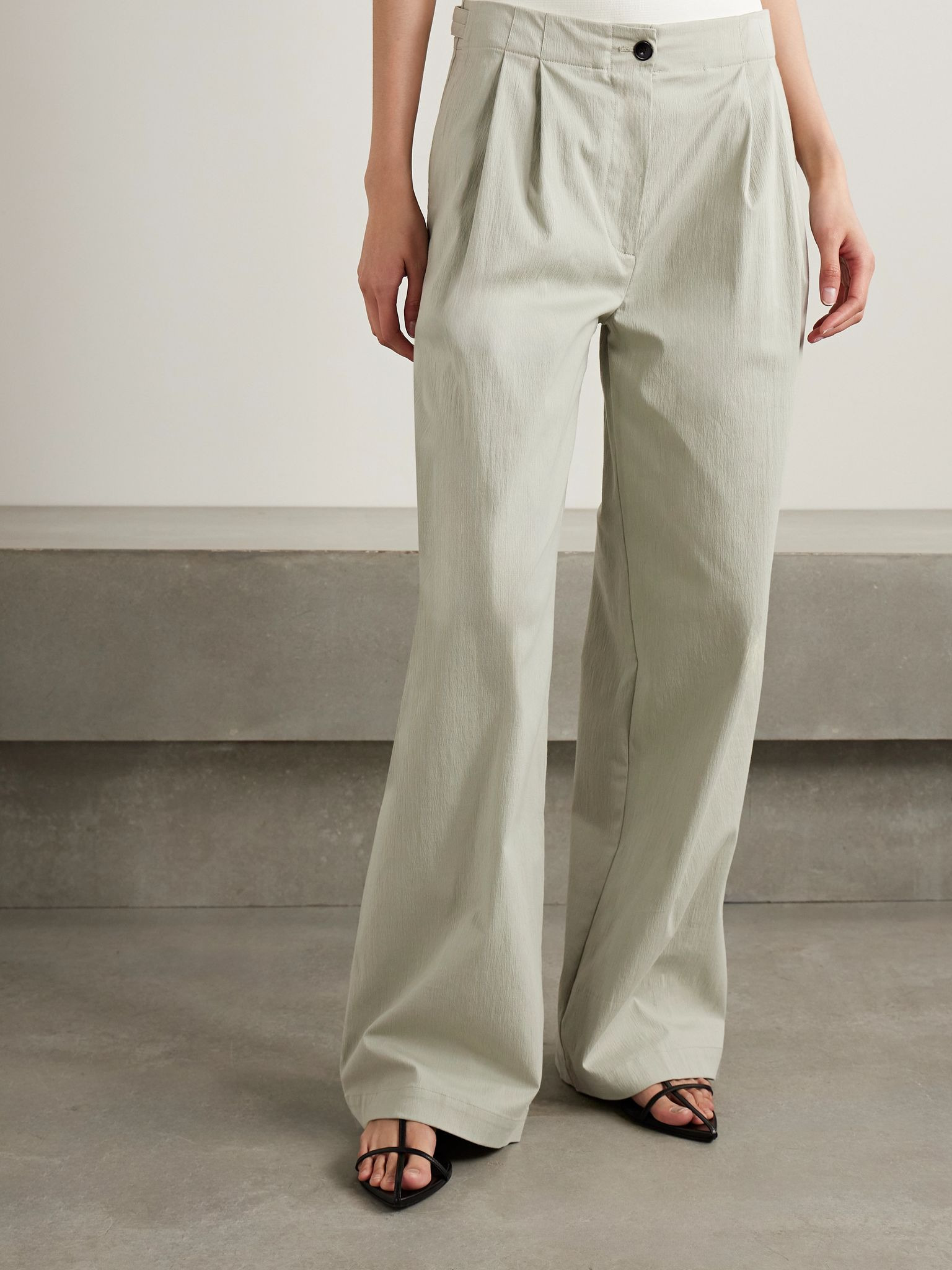 Romina pleated cotton-blend wide-leg pants Sage green - 3