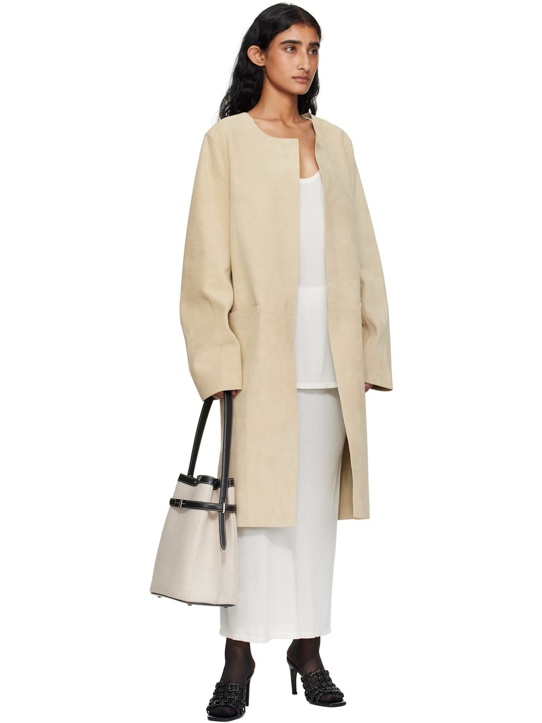 Beige & Black Belted Canvas Bucket Bag - 4