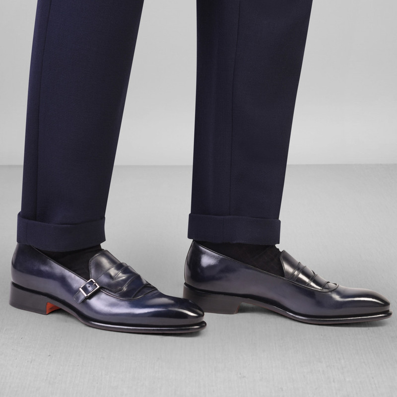 Santoni Men's blue leather single-buckle loafer outlook