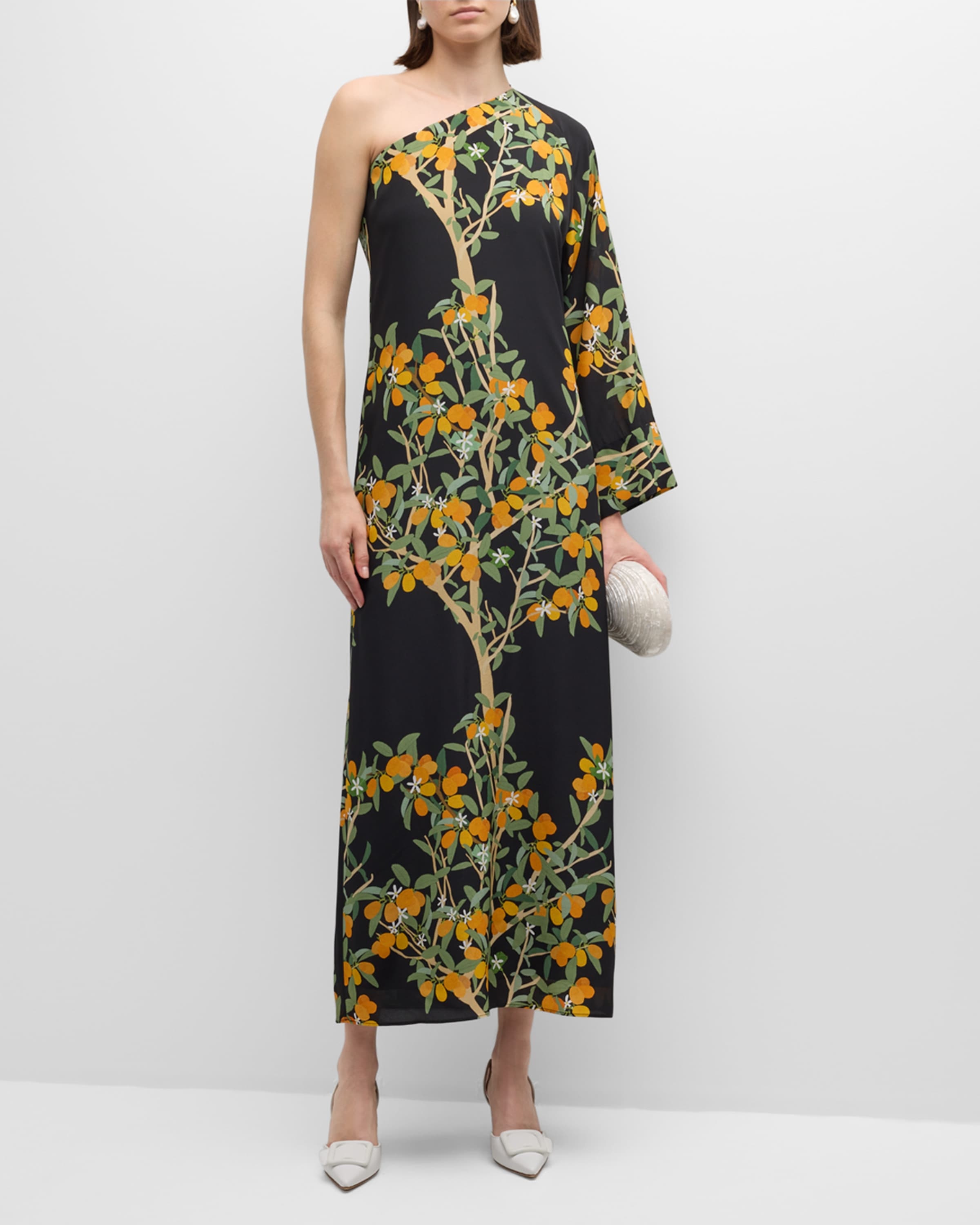 Lola One-Shoulder Kumquat Print Midi Dress - 2