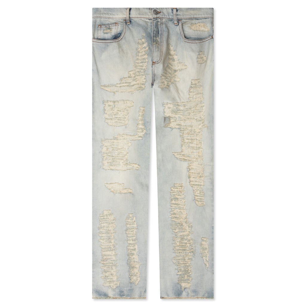 DESTROYED EMBROIDERY JEAN - TAN DENIM BLUE - 1