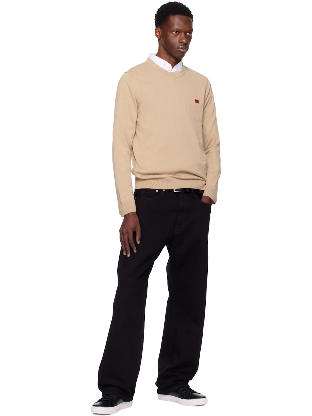 Beige Knitted Cotton Red Logo Label Sweater - 4