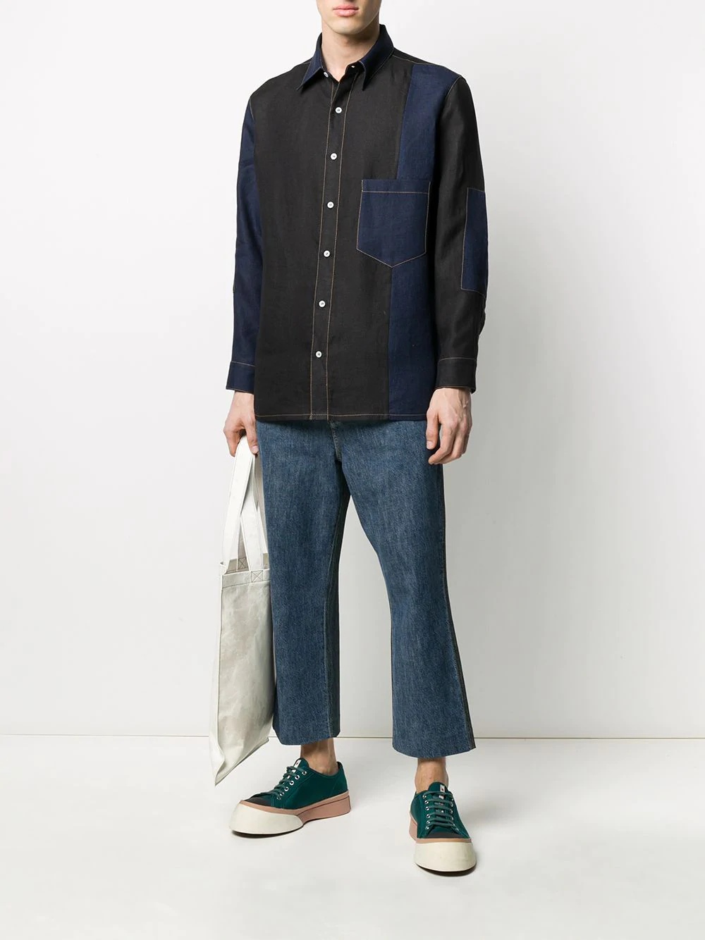 contrast-stitch panelled shirt - 2