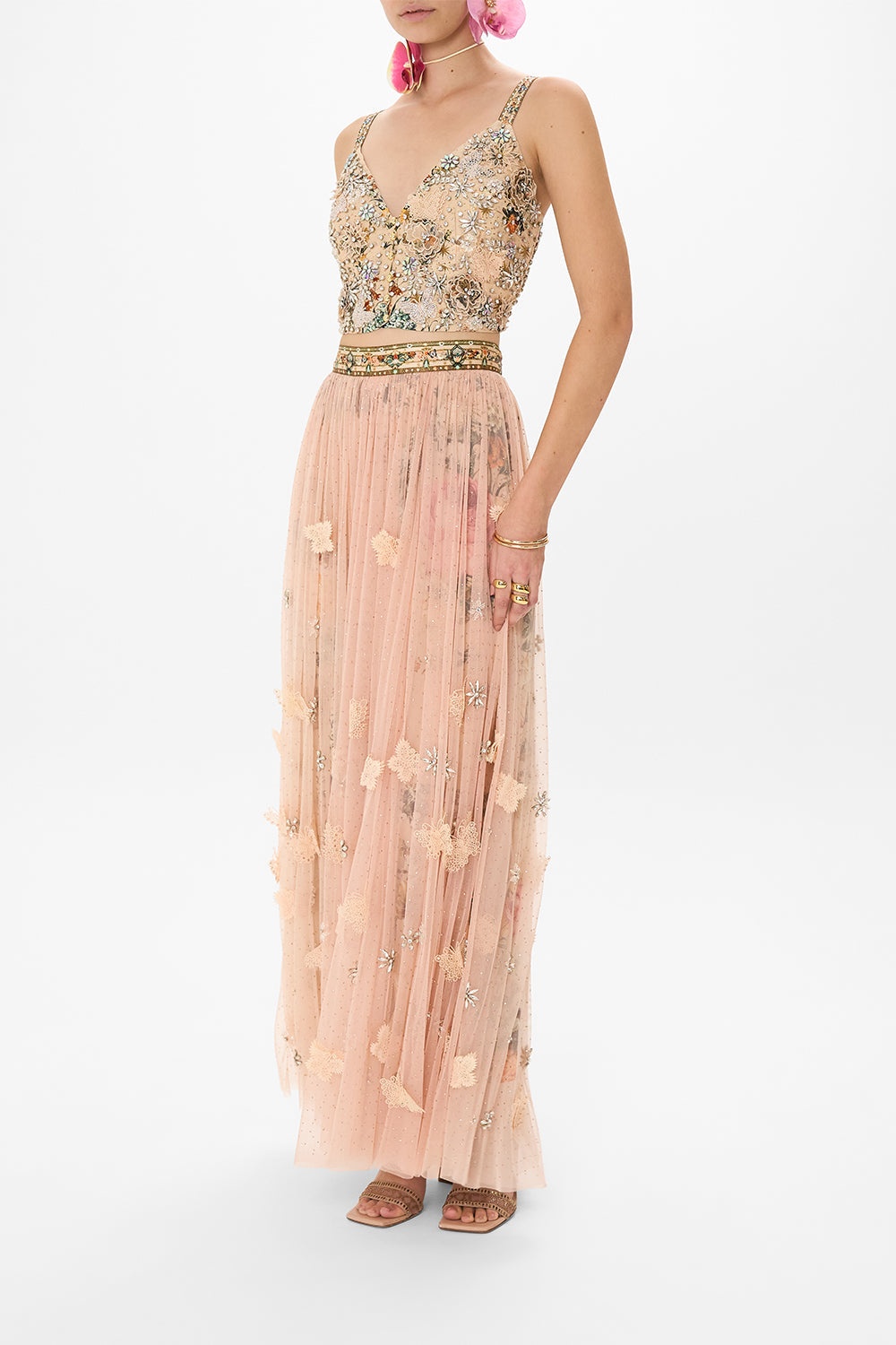 LONG TULLE SKIRT WITH 3D LACE & FLOWERS - 4