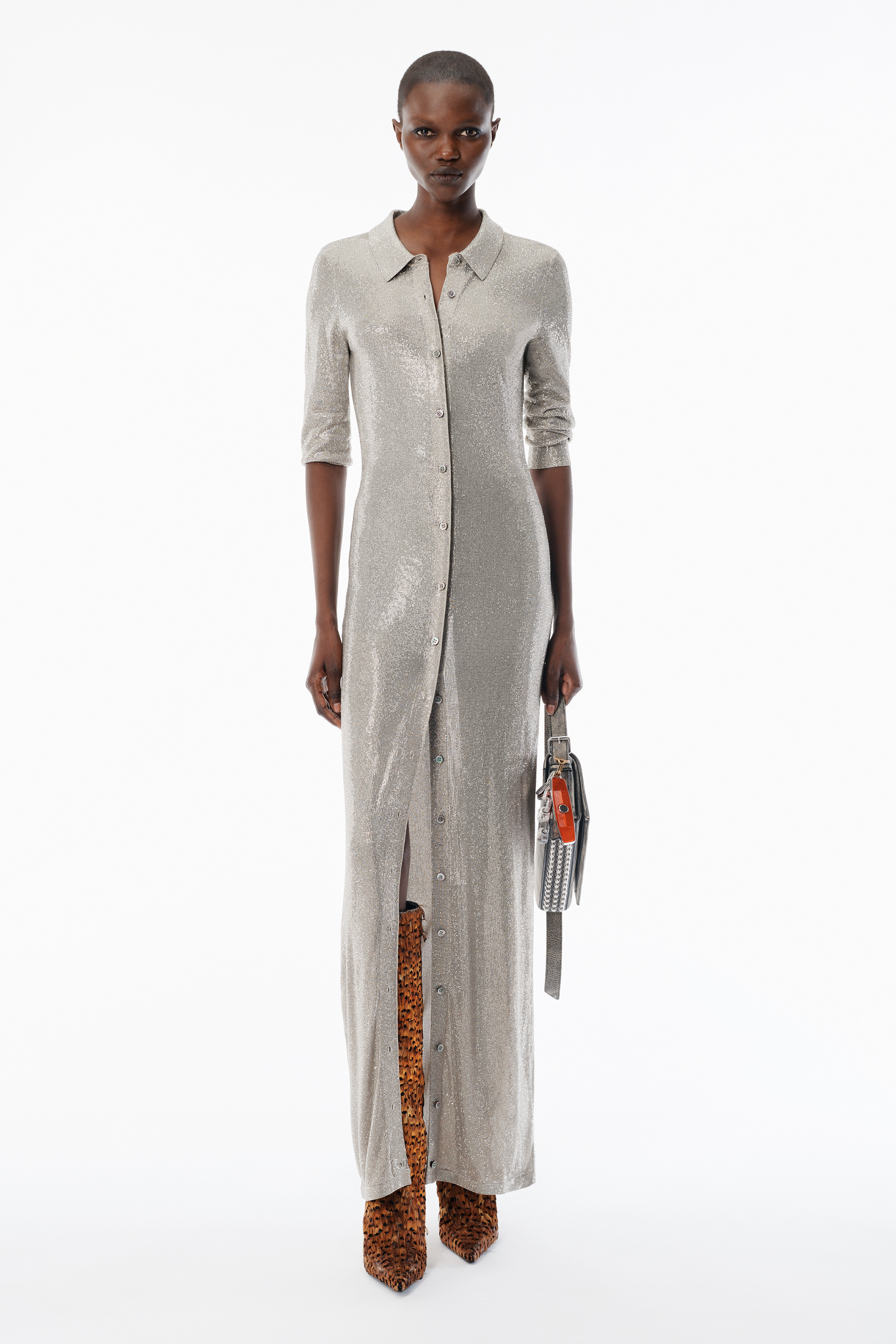 Champagne Crystal Hotfix Long-Sleeve Polo Dress - 2