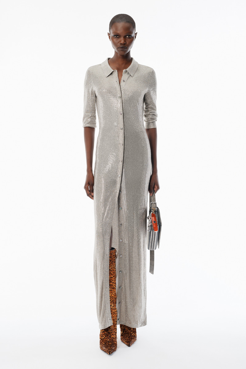 Alexander Wang Champagne Crystal Hotfix Long-Sleeve Polo Dress outlook