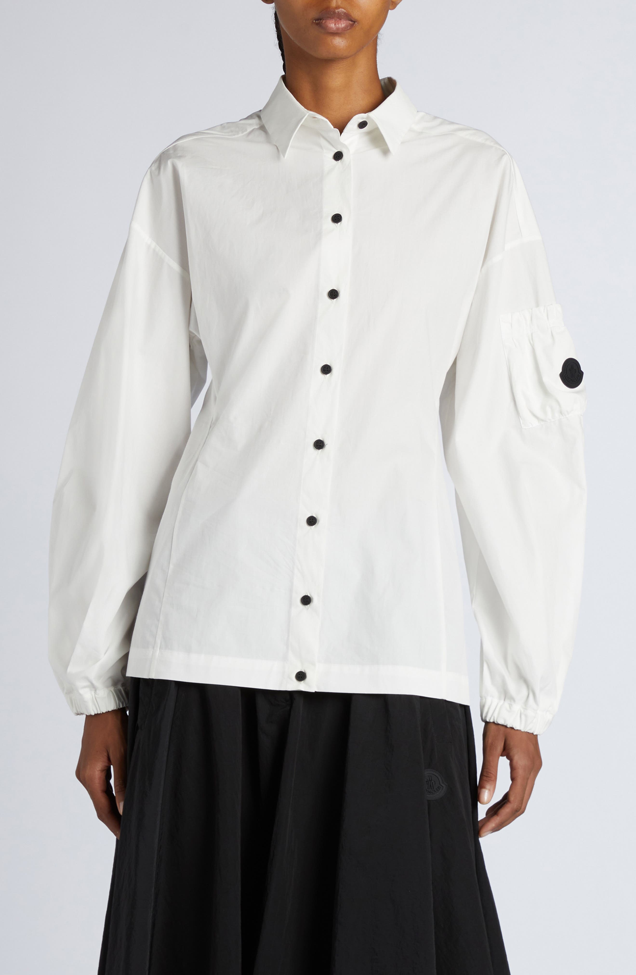 Moncler Logo Balloon Sleeve Cotton Button-Up Shirt in Bright White at Nordstrom - 1