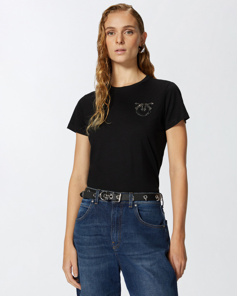 PINKO SHORT-SLEEVED T-SHIRT WITH BEJEWELLED LOVE BIRDS EMBROIDERY outlook