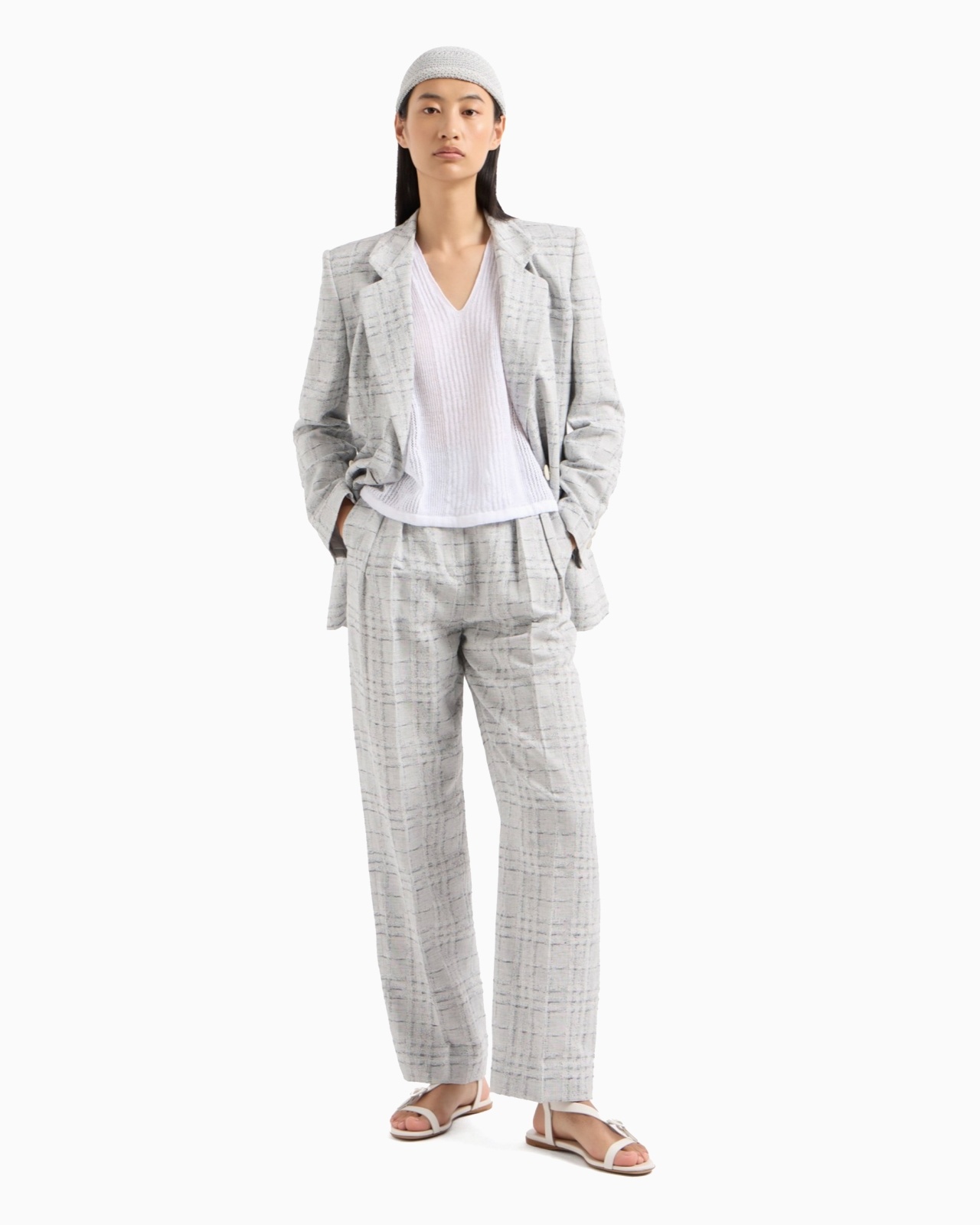 ICON DOUBLE-BREASTED LINEN-BLEND BLAZER WITH A CHECK MOTIF - 4