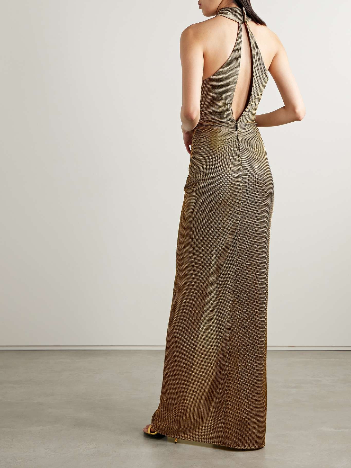 Cutout metallic stretch-knit halterneck gown - 3