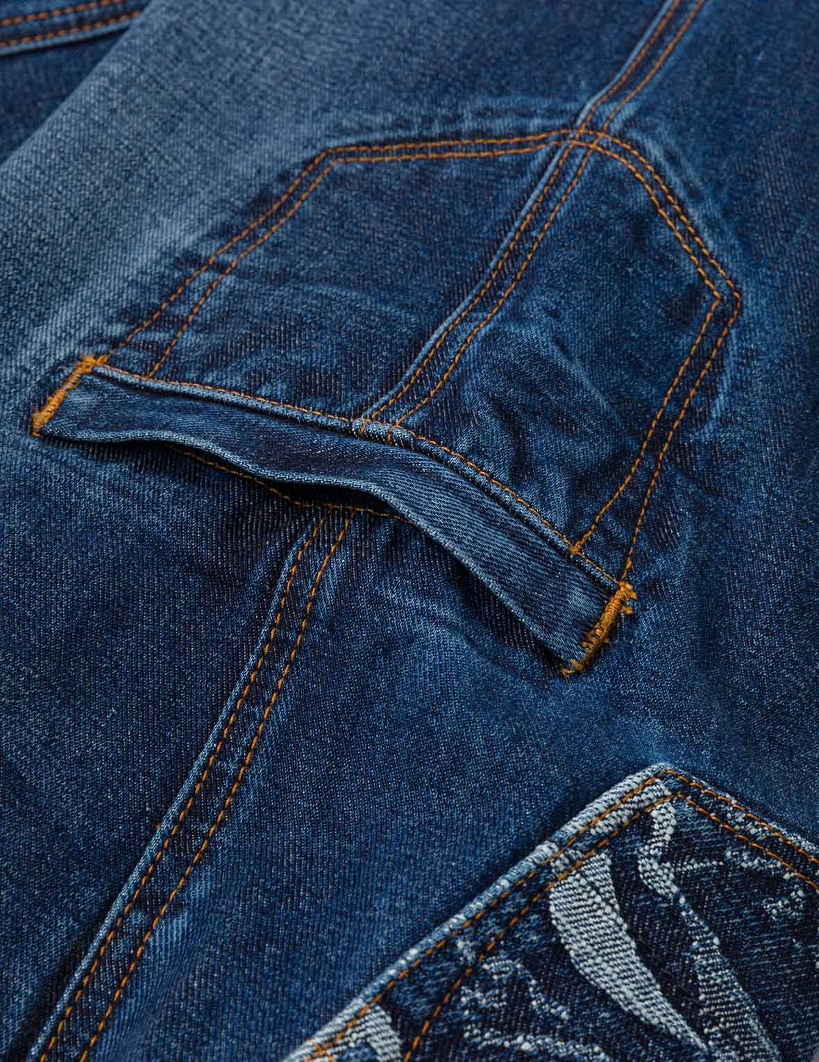 Multi-pocket and Seagull Crane Print Loose Fit Washed Denim Joggers - 6