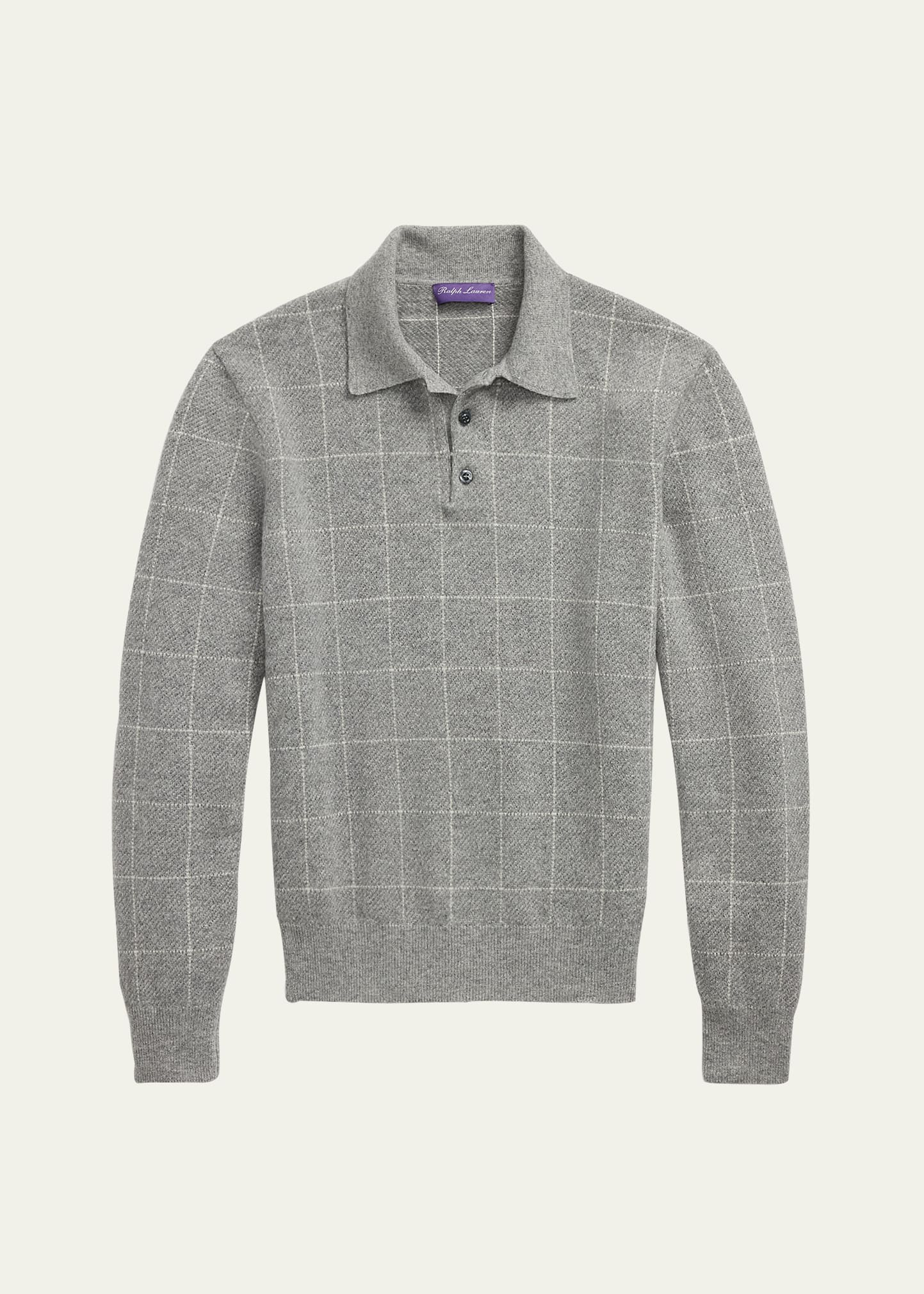 Men's Cashmere Windowpane Polo Sweater - 1