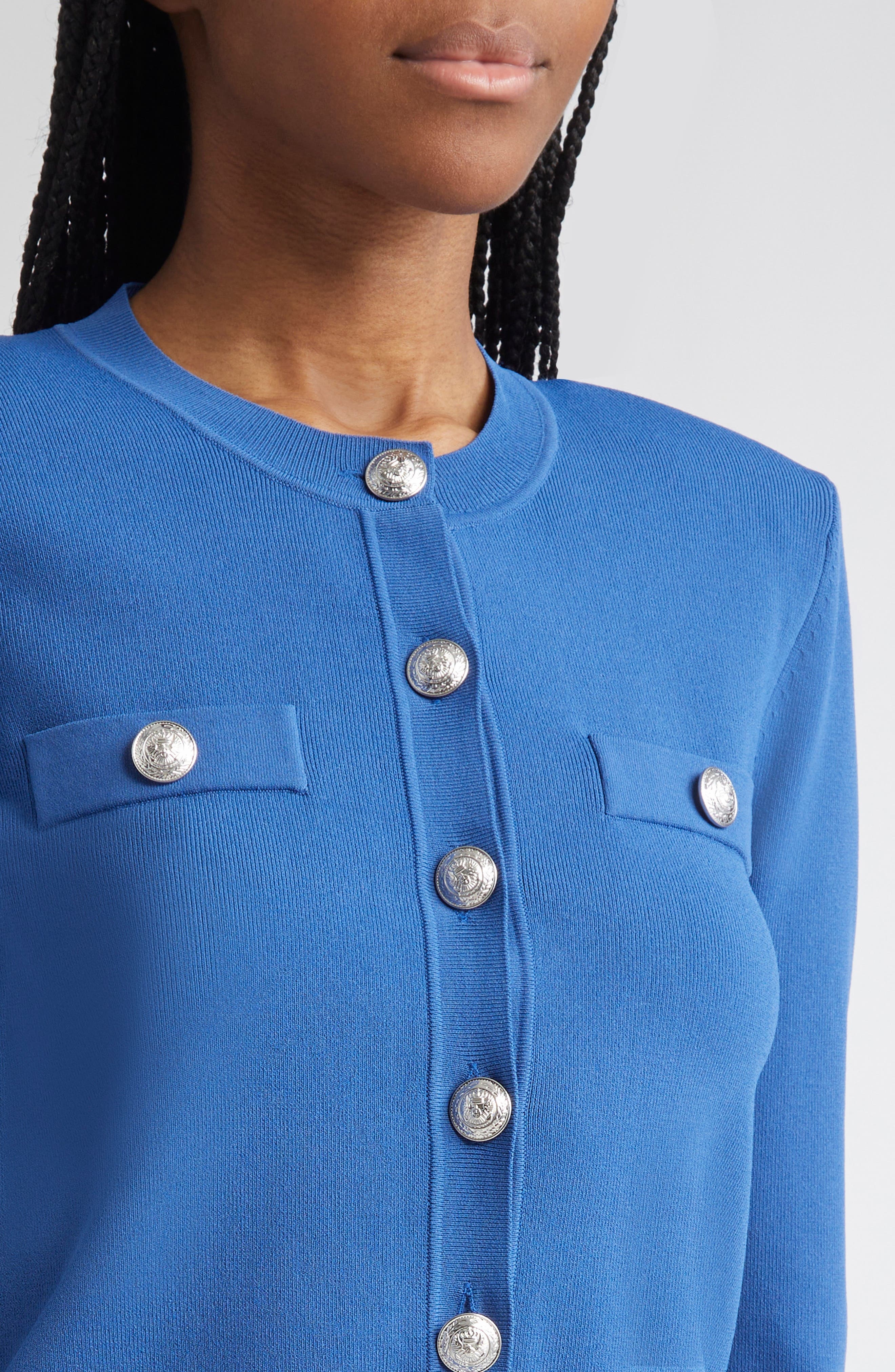 L'AGENCE Toulouse Crewneck Crop Cardigan in Bay Blue/Nickel at Nordstrom - 4