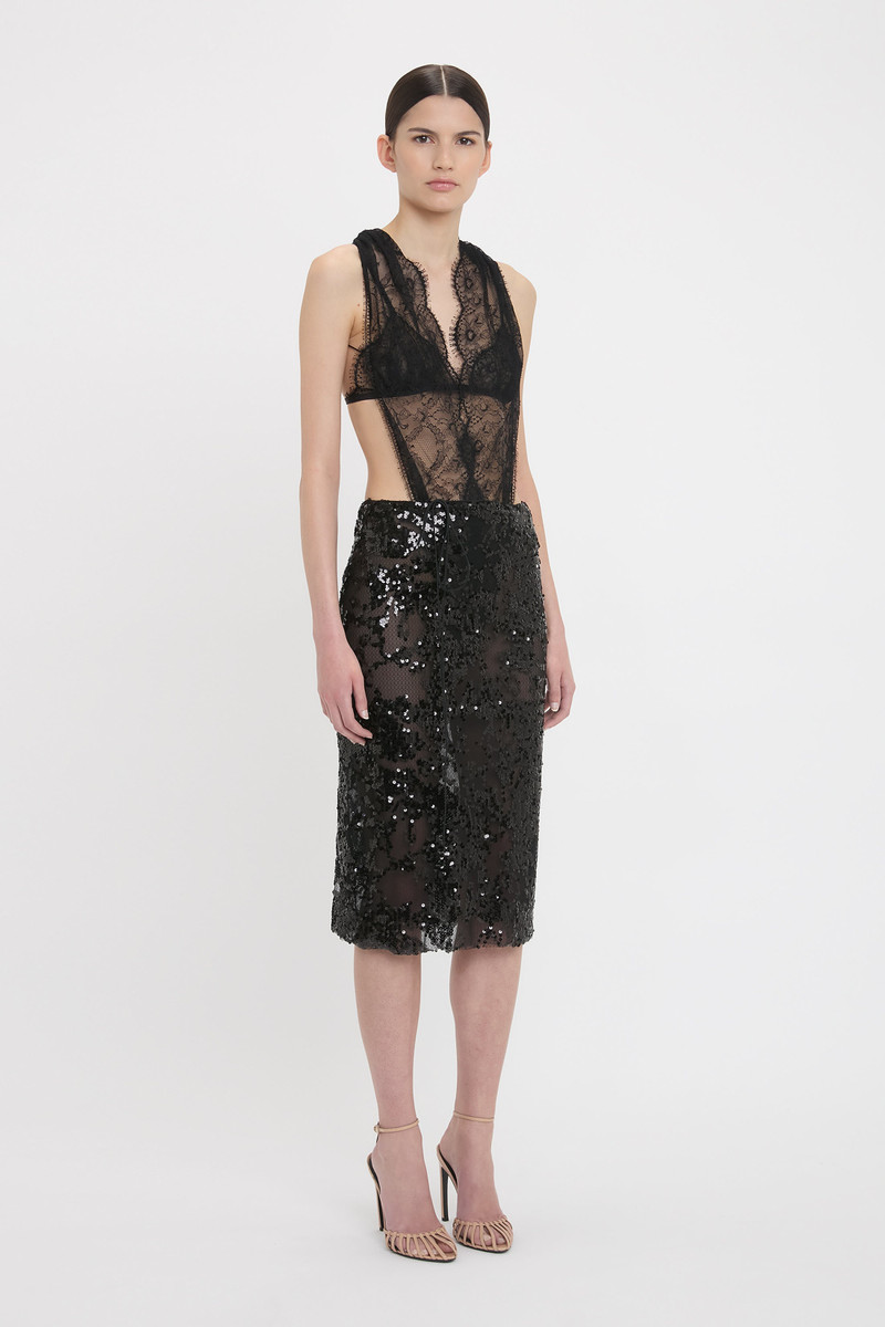 Sheer Sequin Pencil Skirt In Black 3