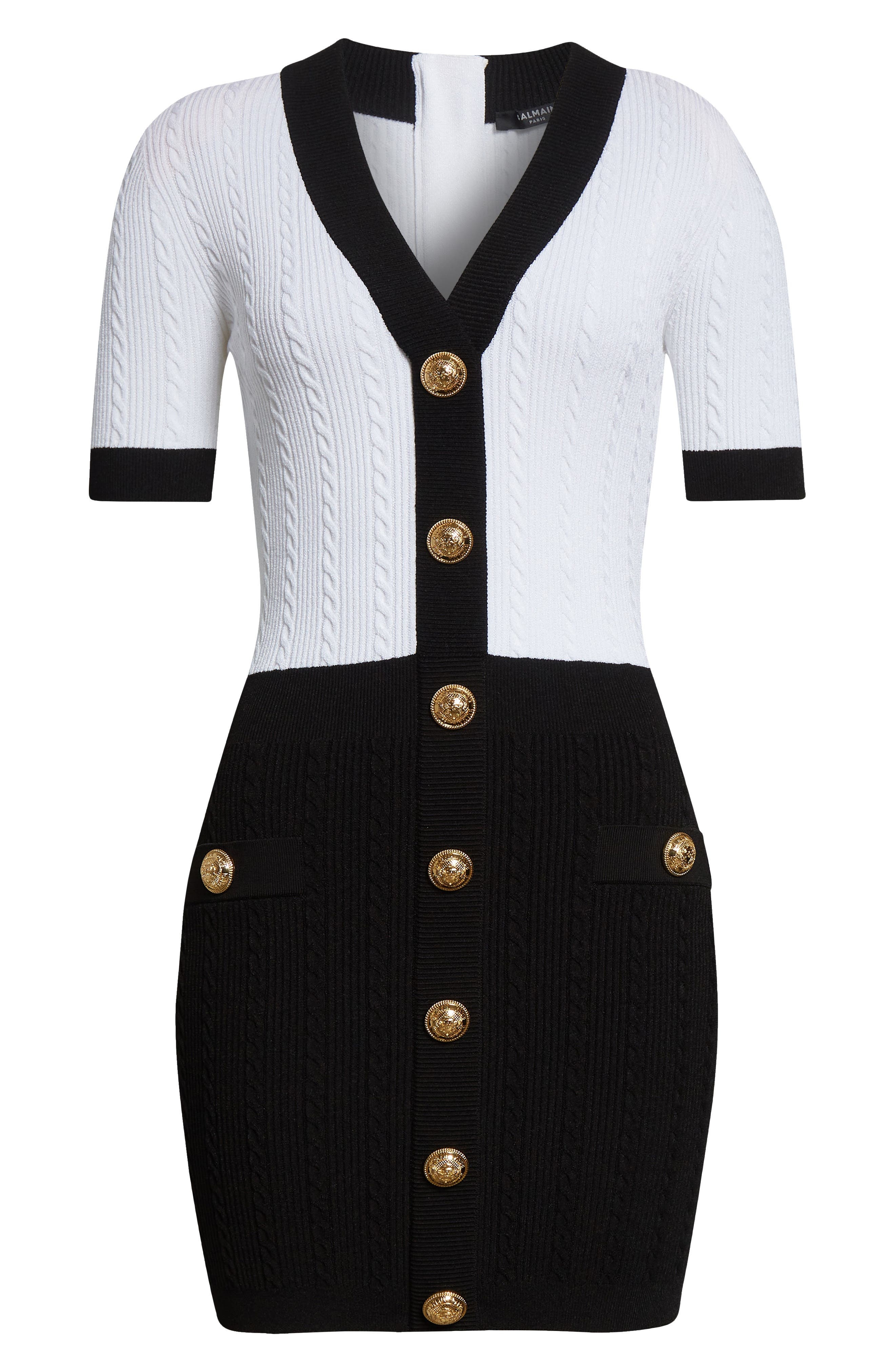 Balmain Colorblock Twisted Cable Knit Sweater Dress in Eab Blk/White at Nordstrom - 5