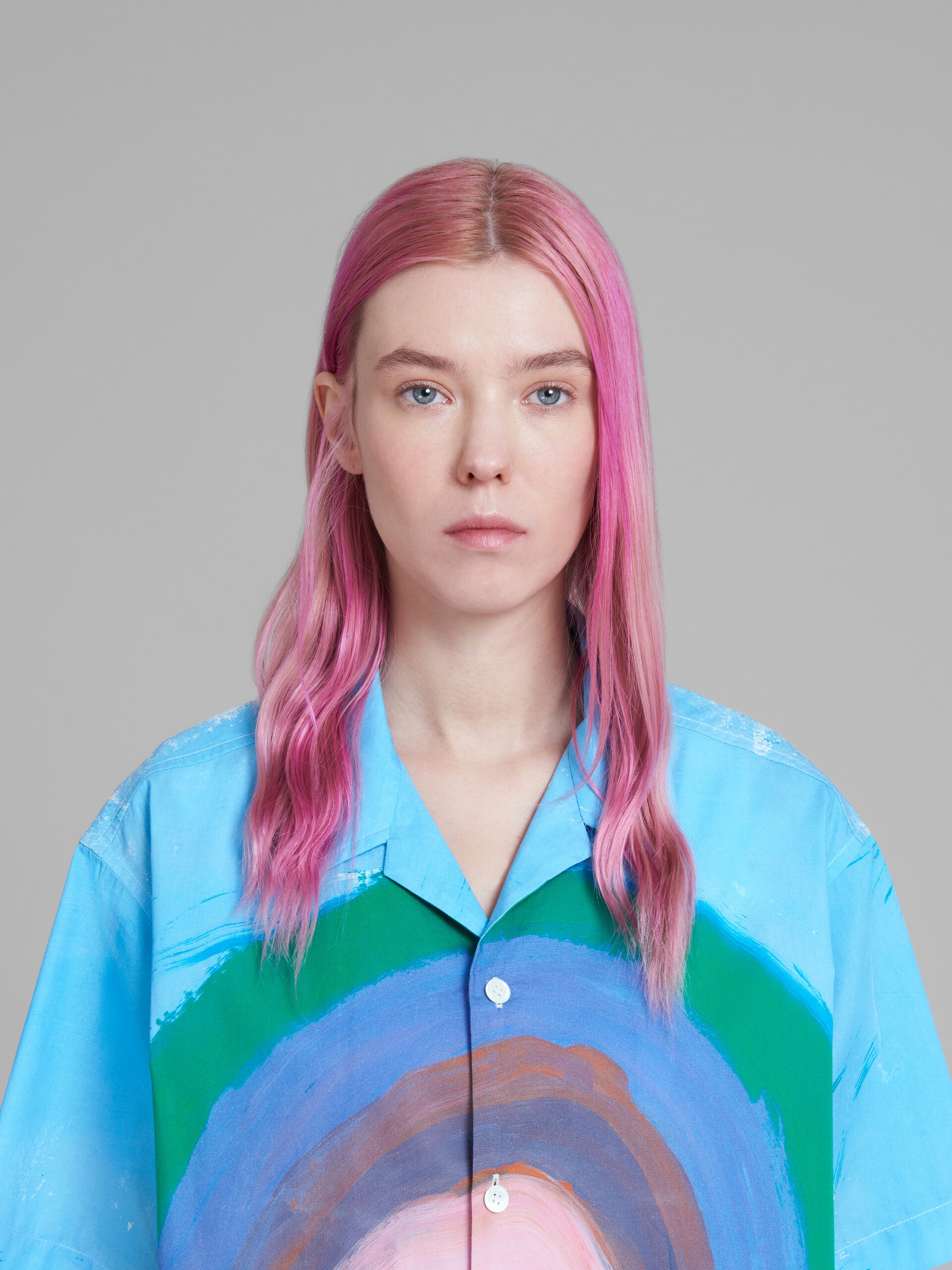 LIGHT BLUE POPLIN BOWLING SHIRT WITH RAINBOW PRINT - 4