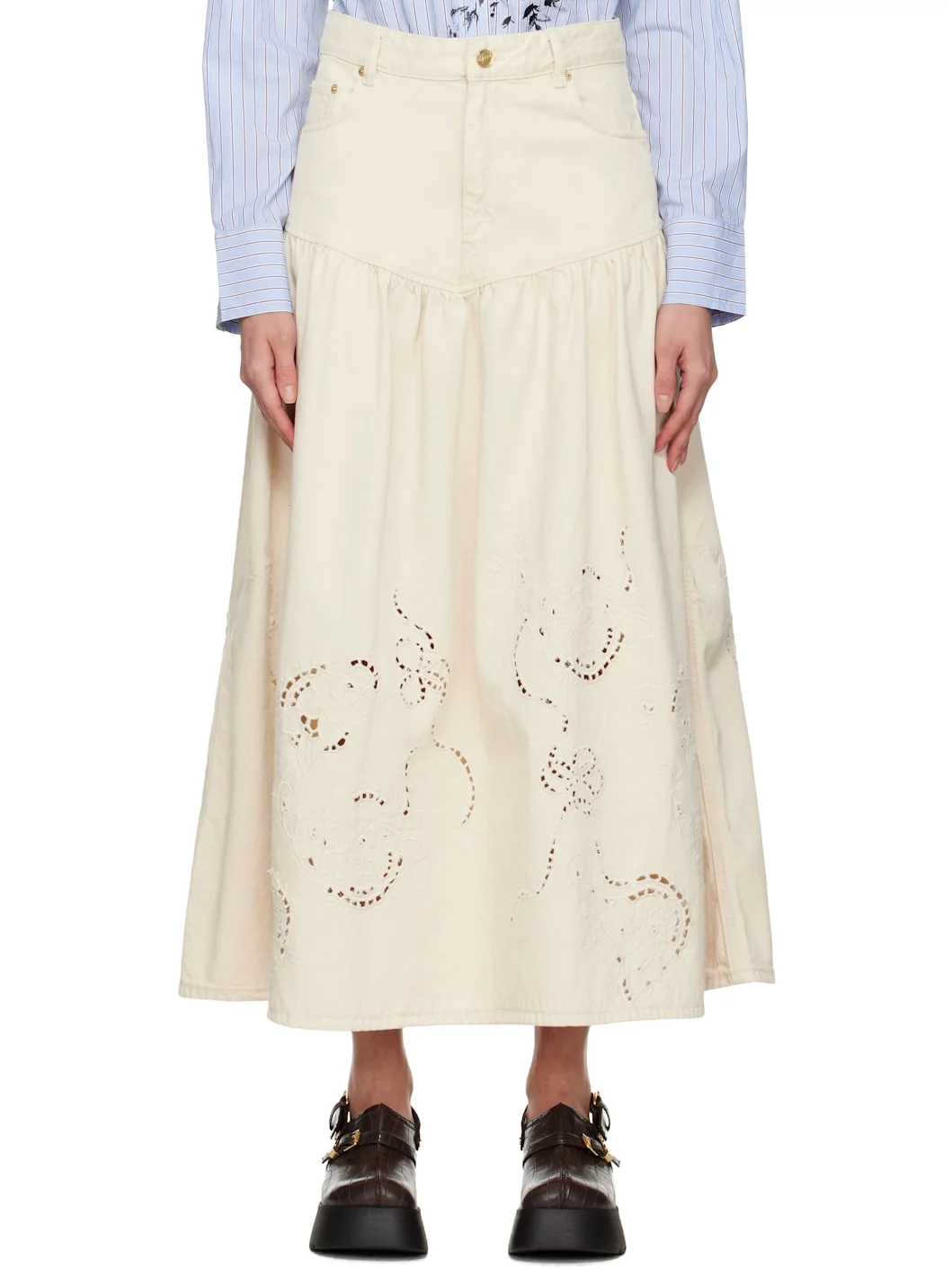 Off-White Broderie Anglaise Denim Maxi Skirt - 1