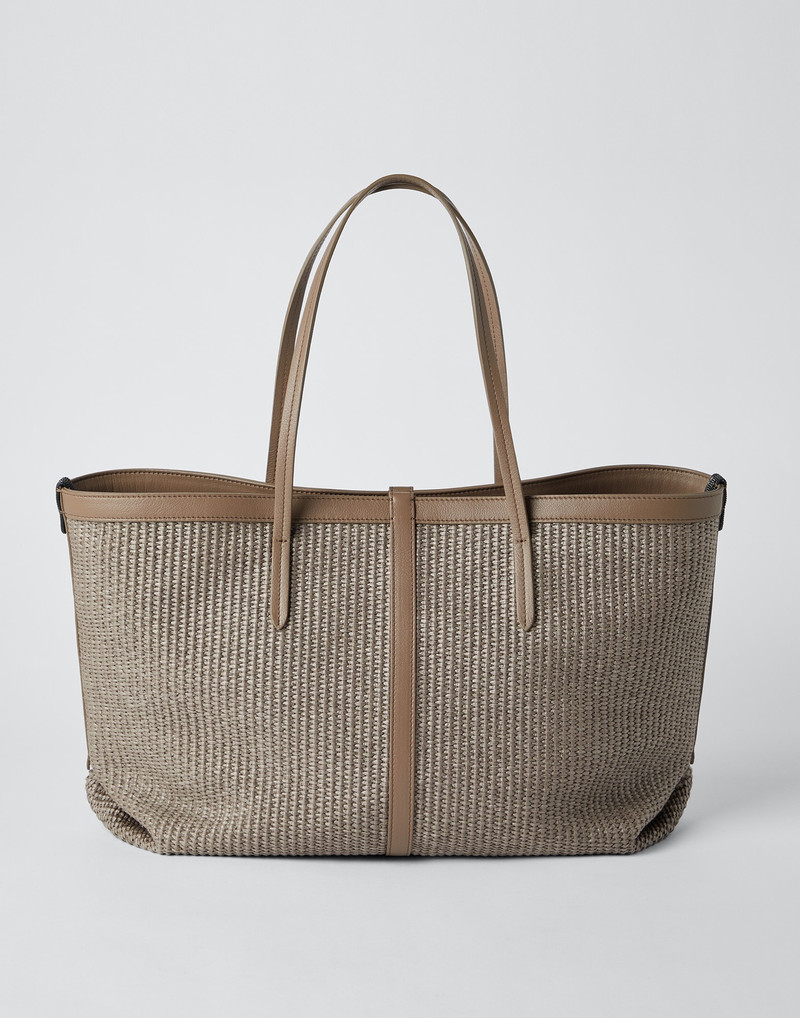 Techno raffia and calfskin shopper bag with monili 2