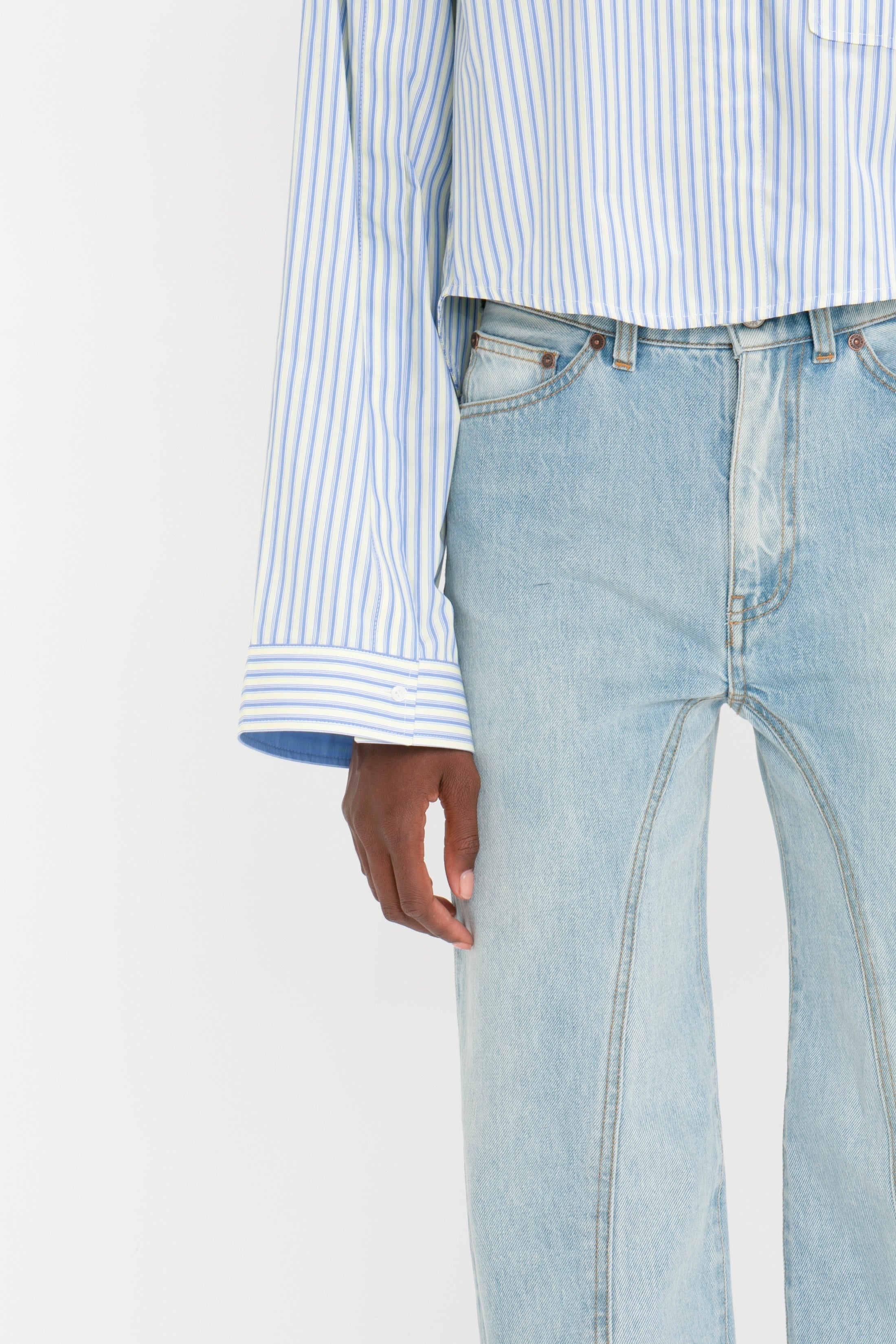 Button Detail Cropped Shirt In Chamomile Blue Stripe - 6