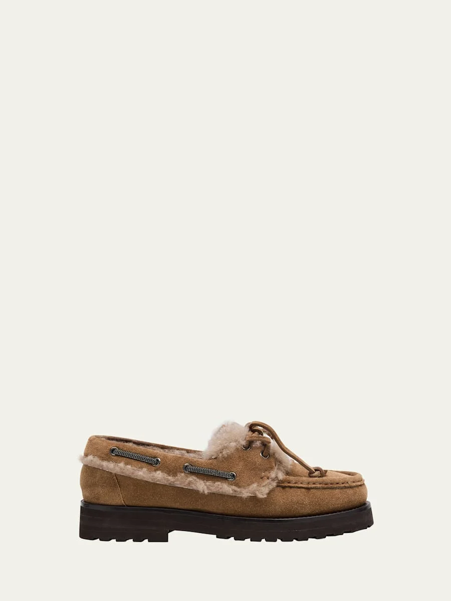 Monili Detail Shearling-Lined Suede Boat Shoes - 1