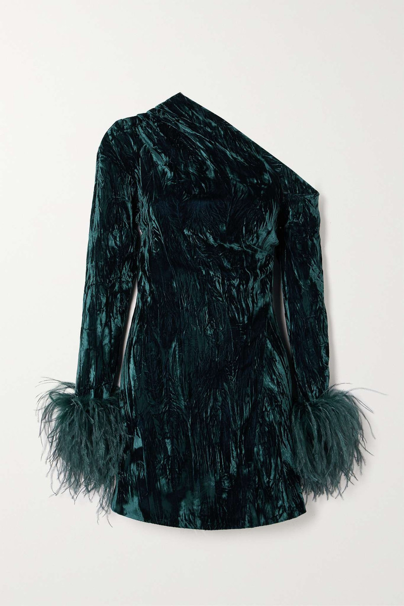 Adelaide one-shoulder feather-trimmed crushed-velvet mini dress 1