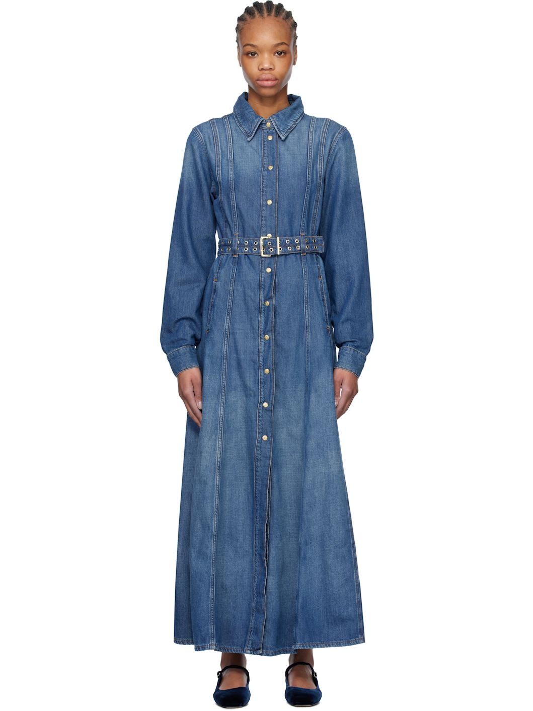 Blue Belted Denim Maxi Dress - 1
