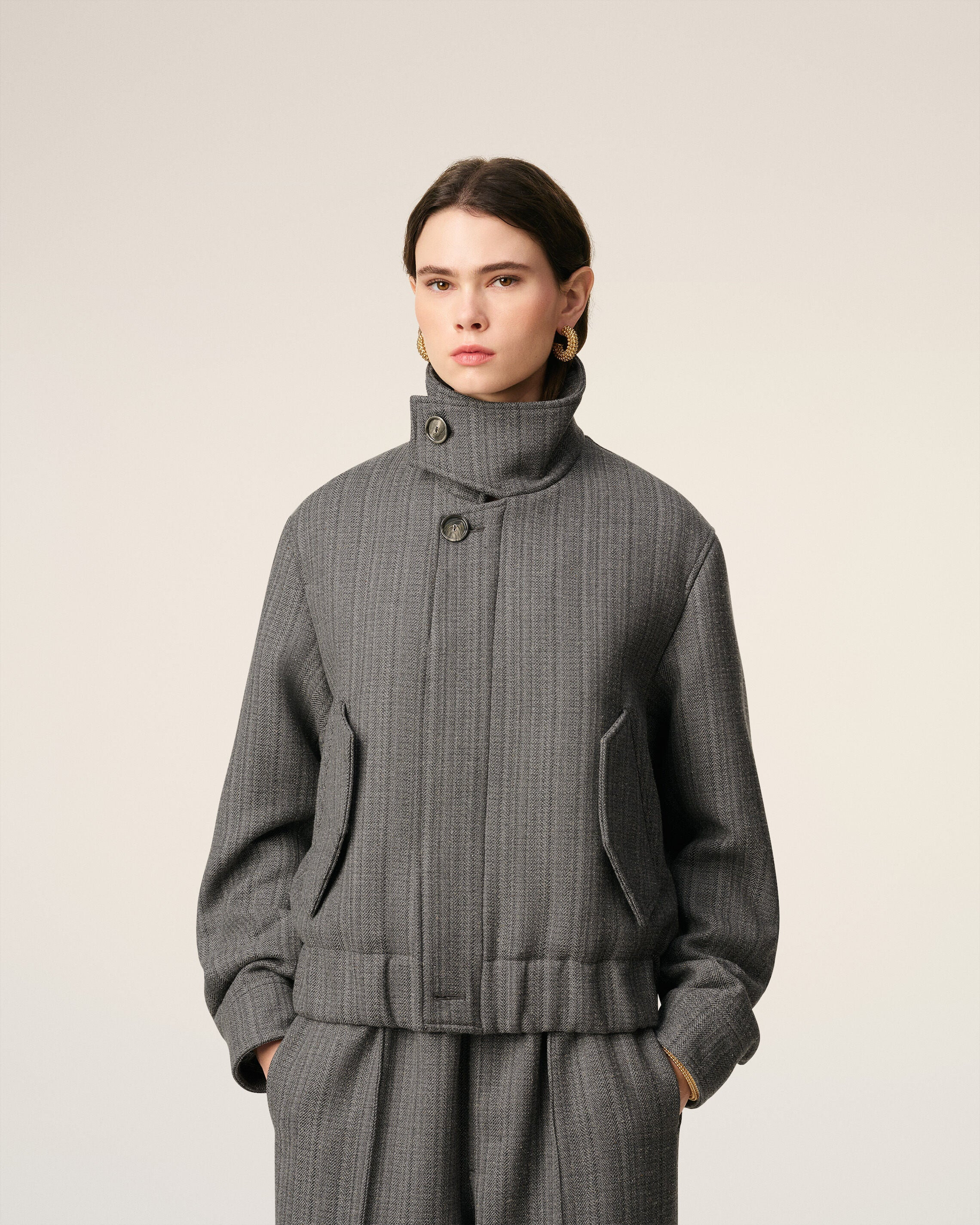 GREY WOOL HERRINGBONE HARRINGTON JACKET - 3