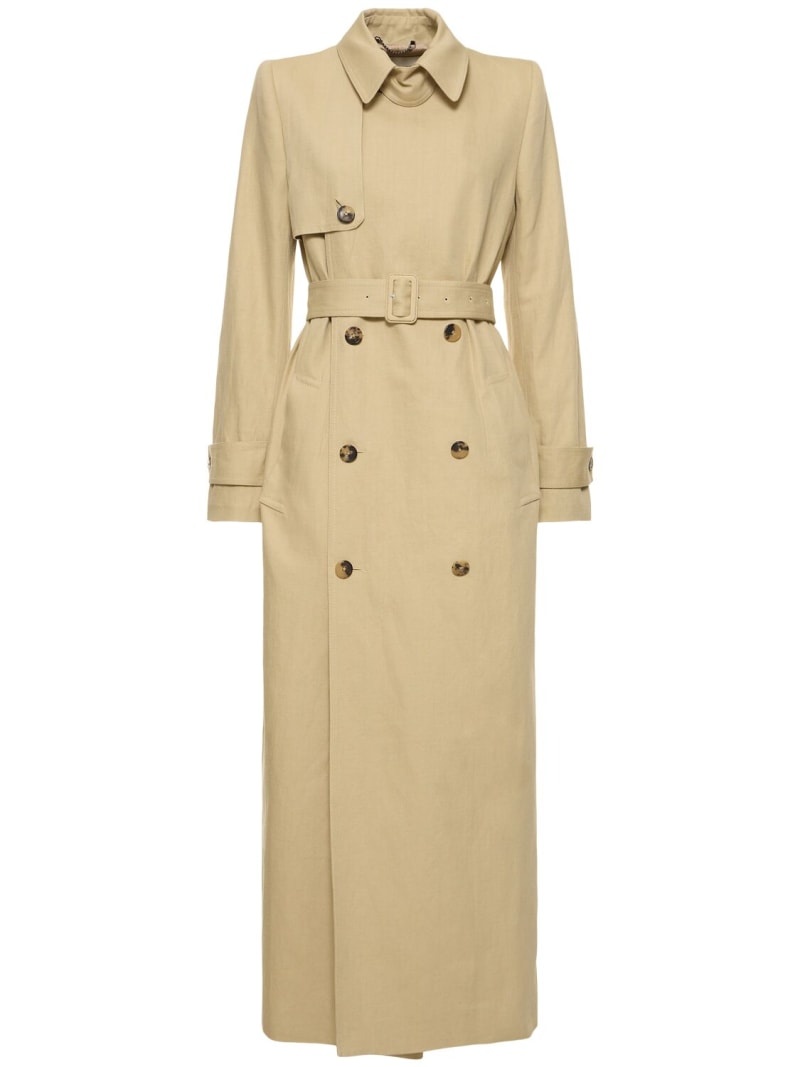 Linen blend gabardine long trench coat - 1