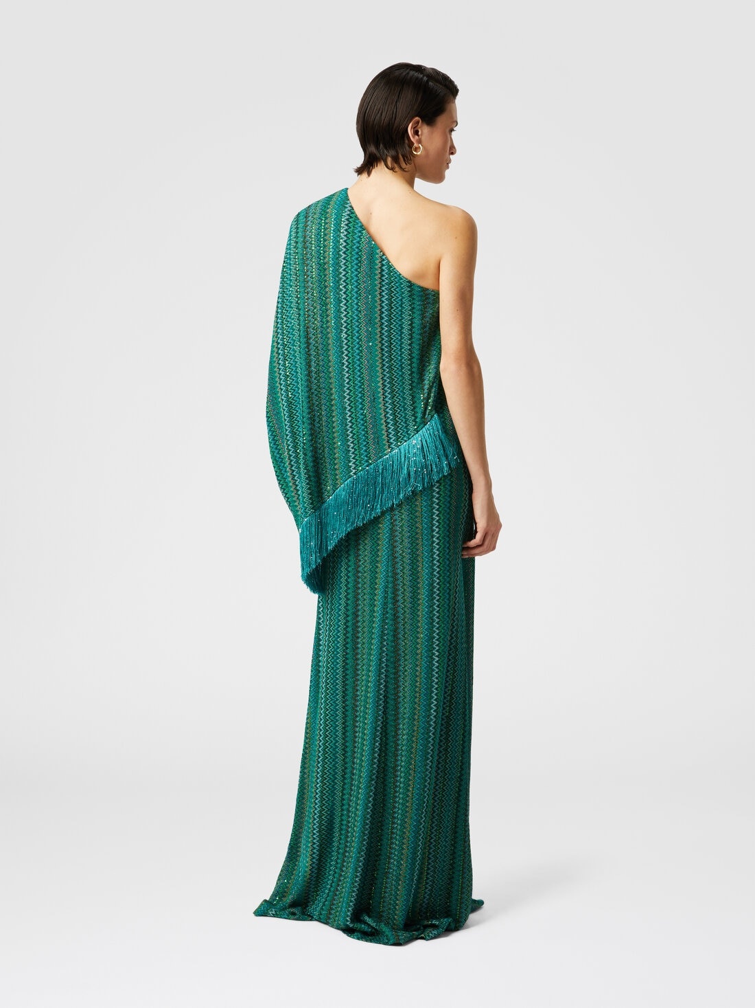 Long one-shoulder zigzag dress with sequins and fringes - 3