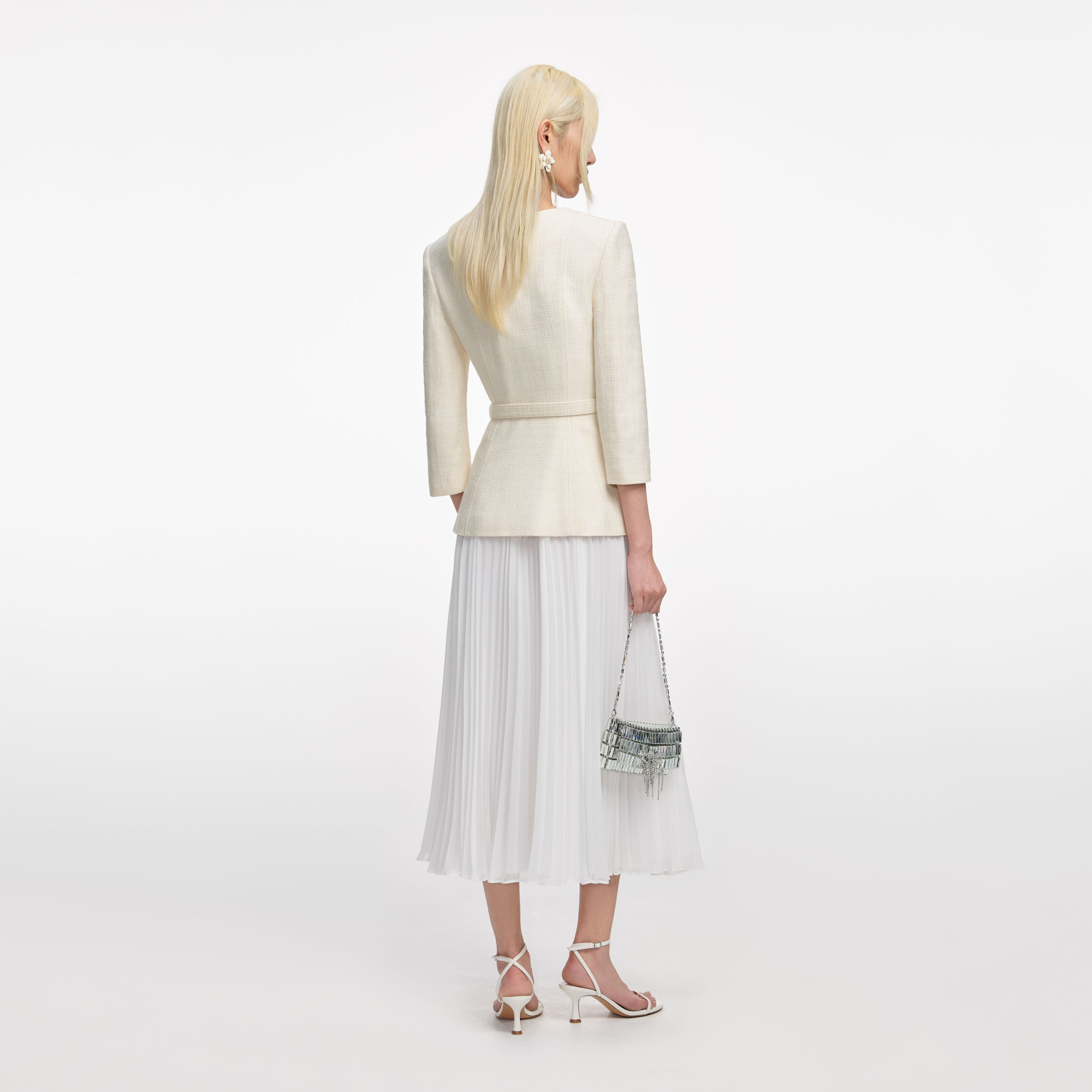 Cream Boucle Long Sleeve Chiffon Midi Dress - 3