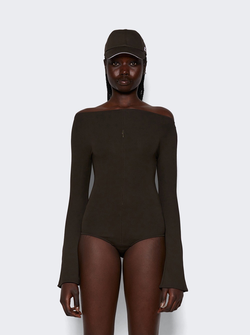 Drop Zipped Crepe Jersey Bodysuit Mud Brown - 3