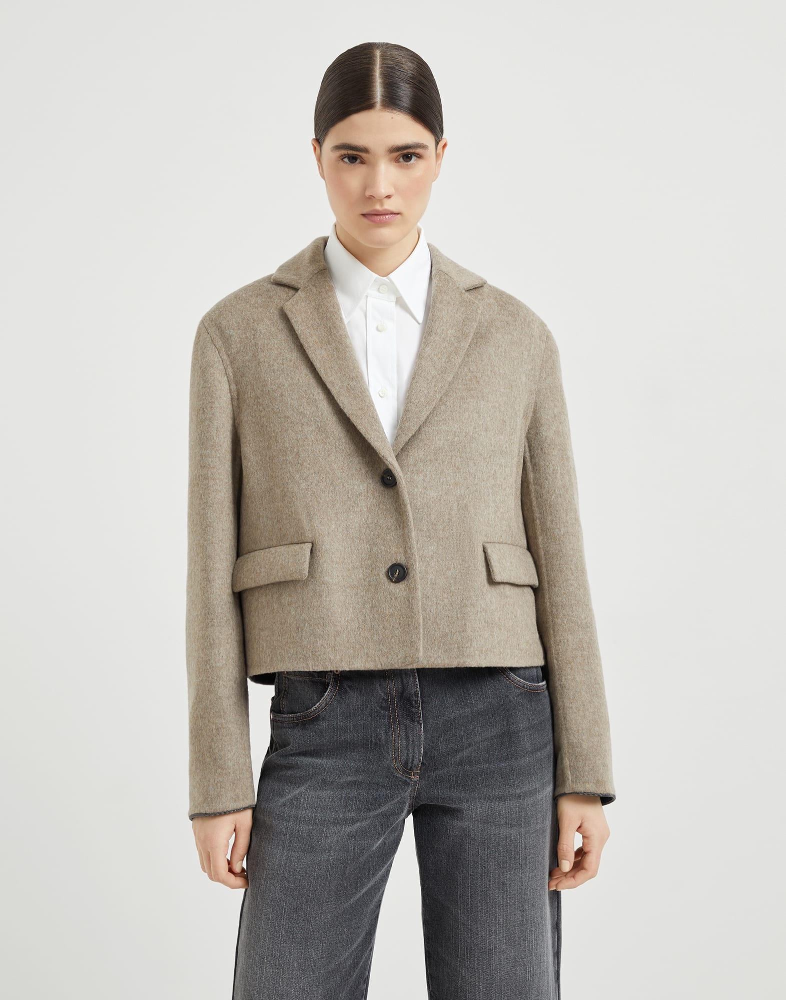 Hand-crafted virgin wool double cloth cropped blazer with shiny cuffs - 1