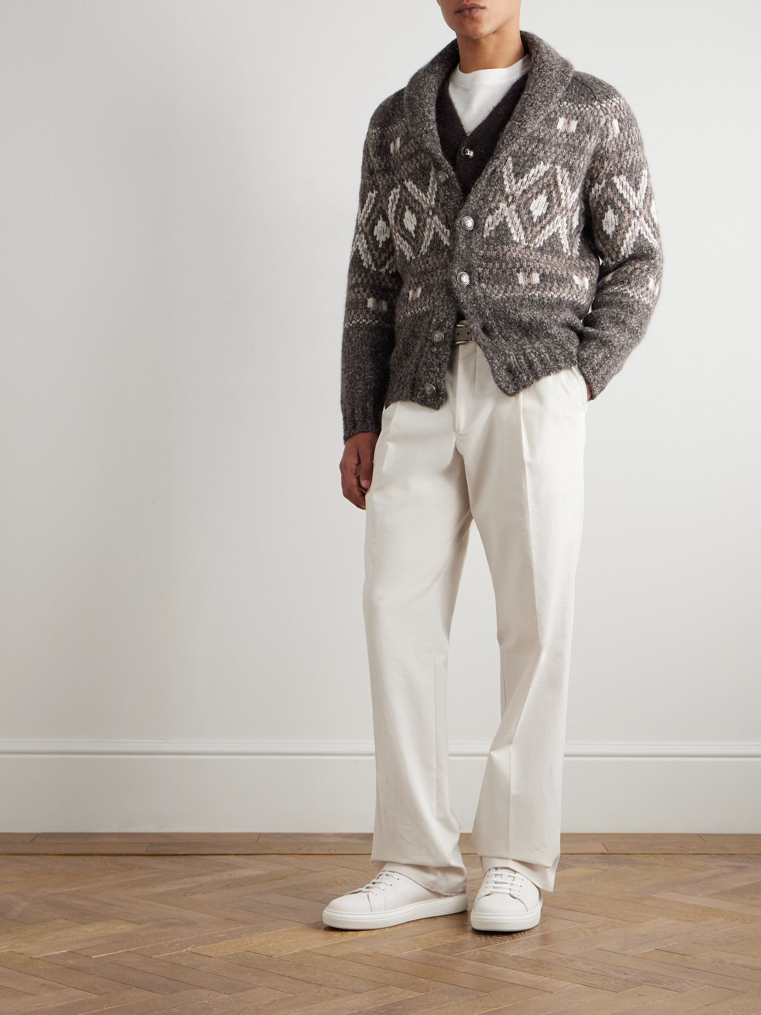 Shawl-Collar Fair Isle Alpaca-Blend Cardigan Gray - 2