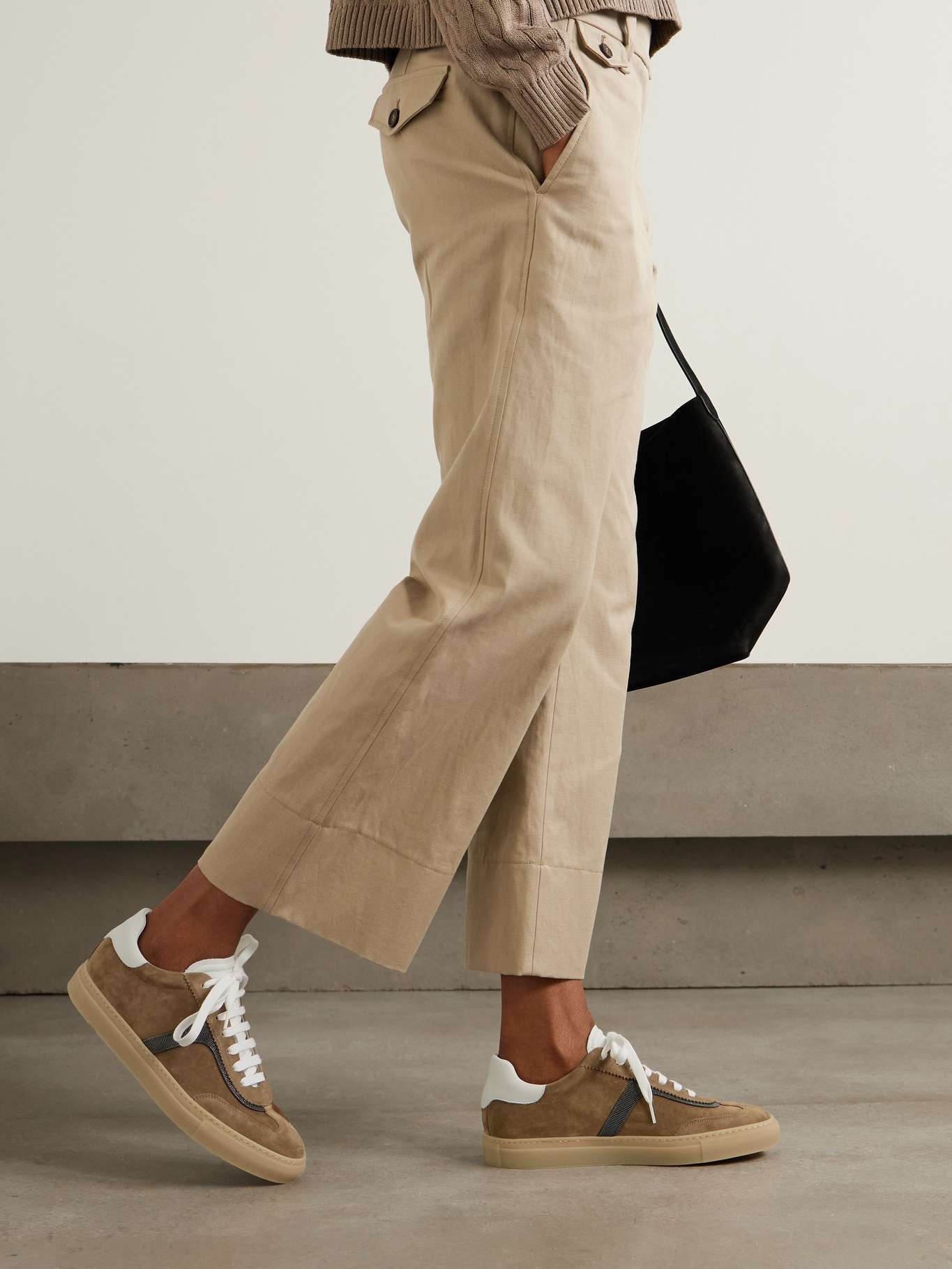 Bead-embellished leather-trimmed suede sneakers Tan - 2