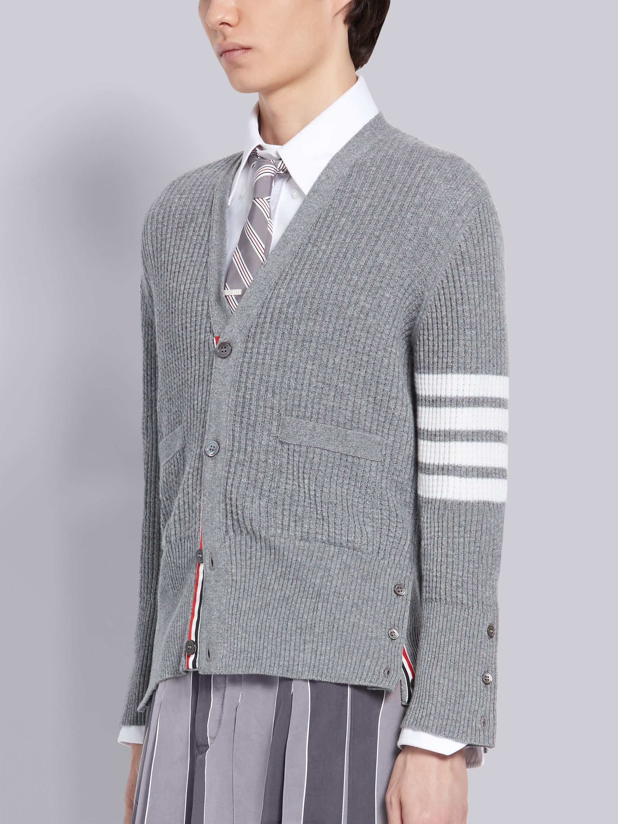 Light Grey Cashmere Waffle Stitch V-neck 4-Bar Cardigan - 2