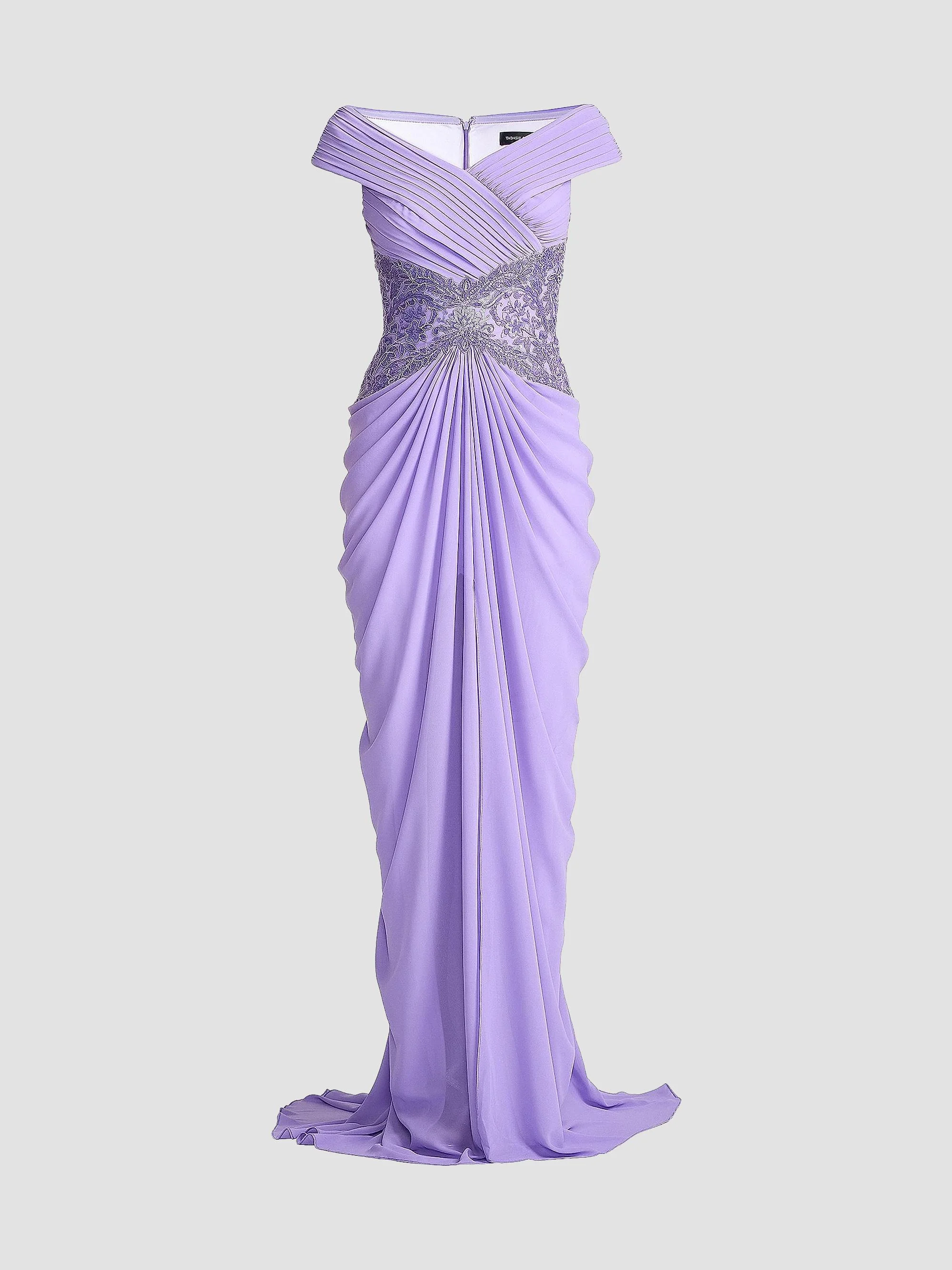 Women's Pleated Chiffon & Metallic Lace Gown - Lavender Mist - 1