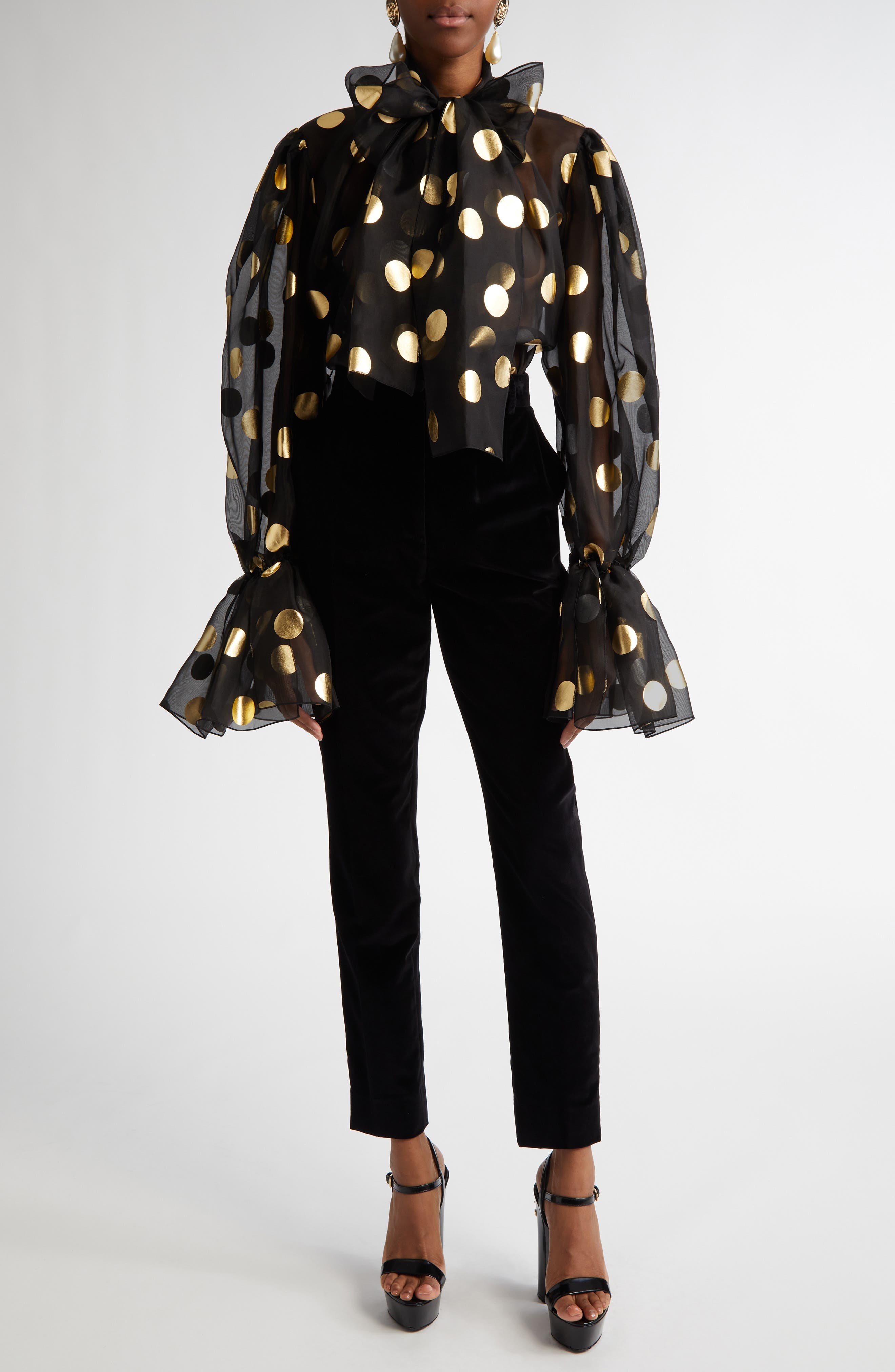 Dolce&Gabbana Polka Dot Bow Bell Sleeve Sheer Silk Top in Hnlm0 Oro Nero at Nordstrom - 2